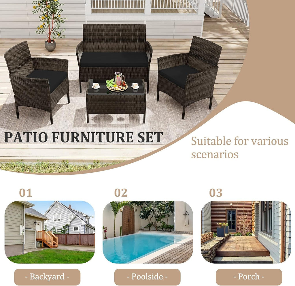 KOTEK 4 Piece Patio Furniture Set, Outdoor Rattan Conversation Set with Loveseat, Wicker Chairs, Tempered Glass Coffee Table, Wicker Patio Set for Backyard, Porch (Black)