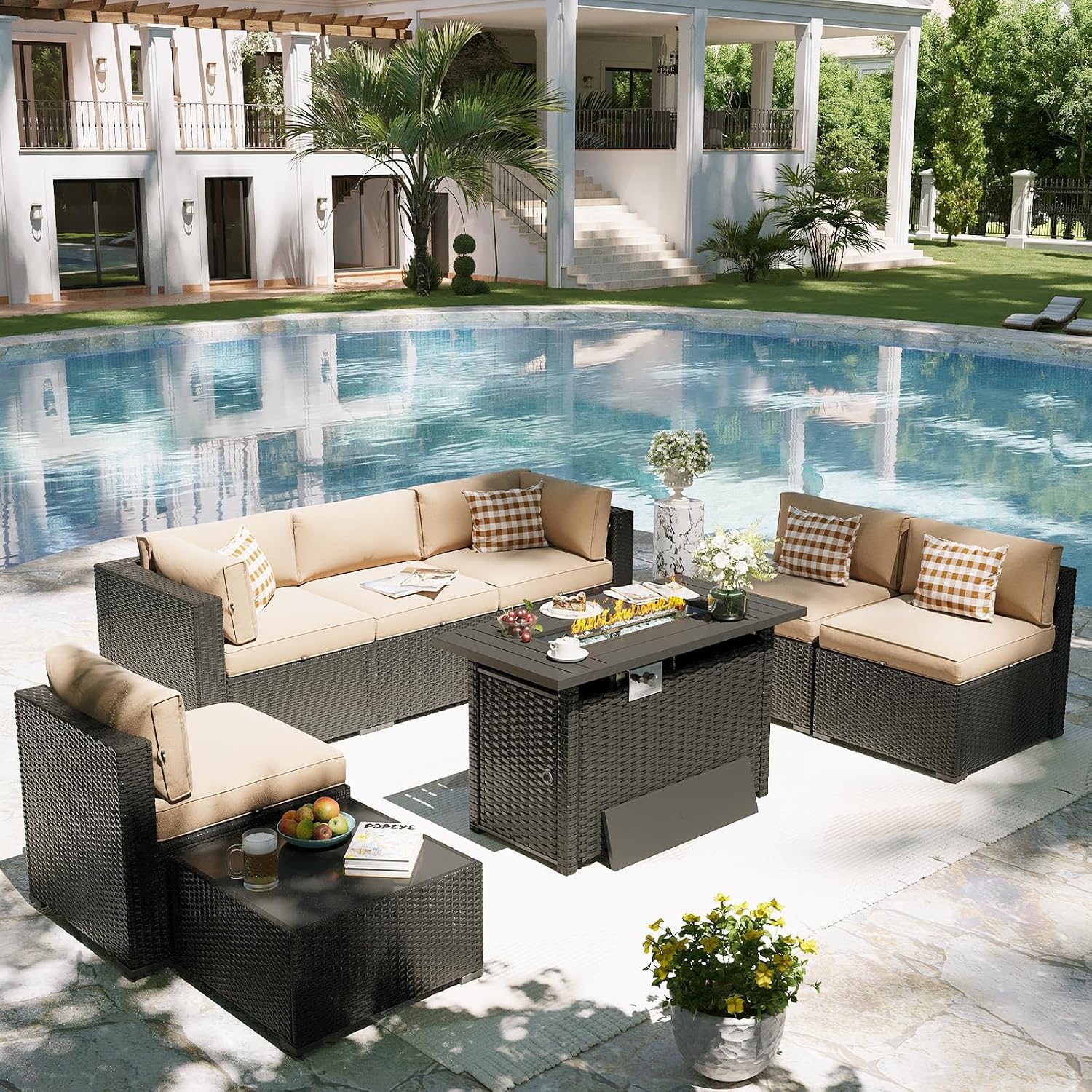 Aoxun Patio Furniture Set with Fire Pit Table, 8 Piece Outdoor Sectional Sofas, Wicker Rattan Outdoor Furniture with Thickened Cushion for Backyard, Garden Begin