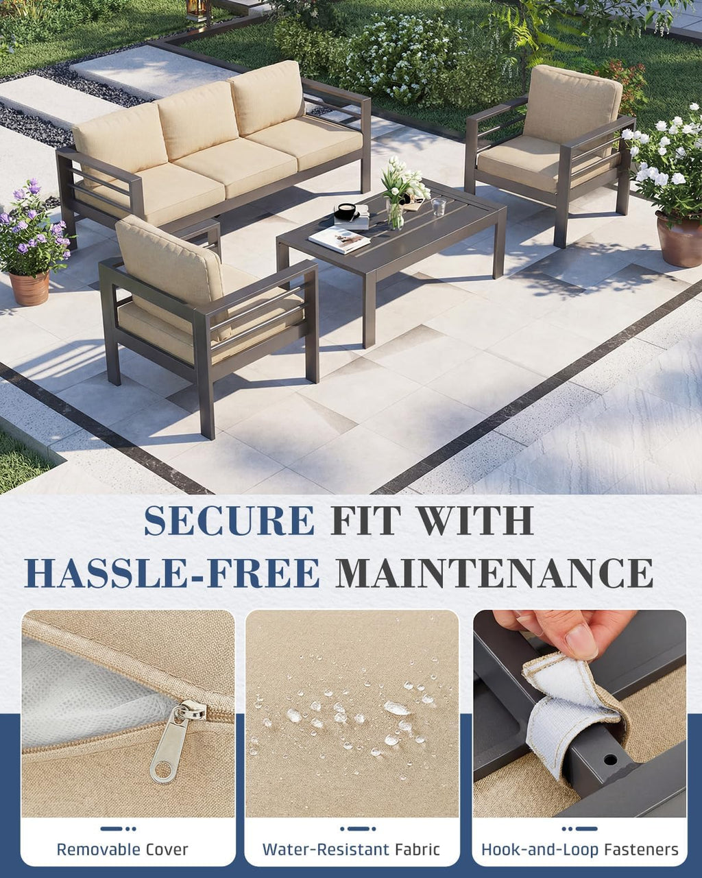 AECOJOY Aluminum Patio Furniture Loveseat, Modern Outdoor Furniture with Washable 5 inch Thick Cushion, Beige