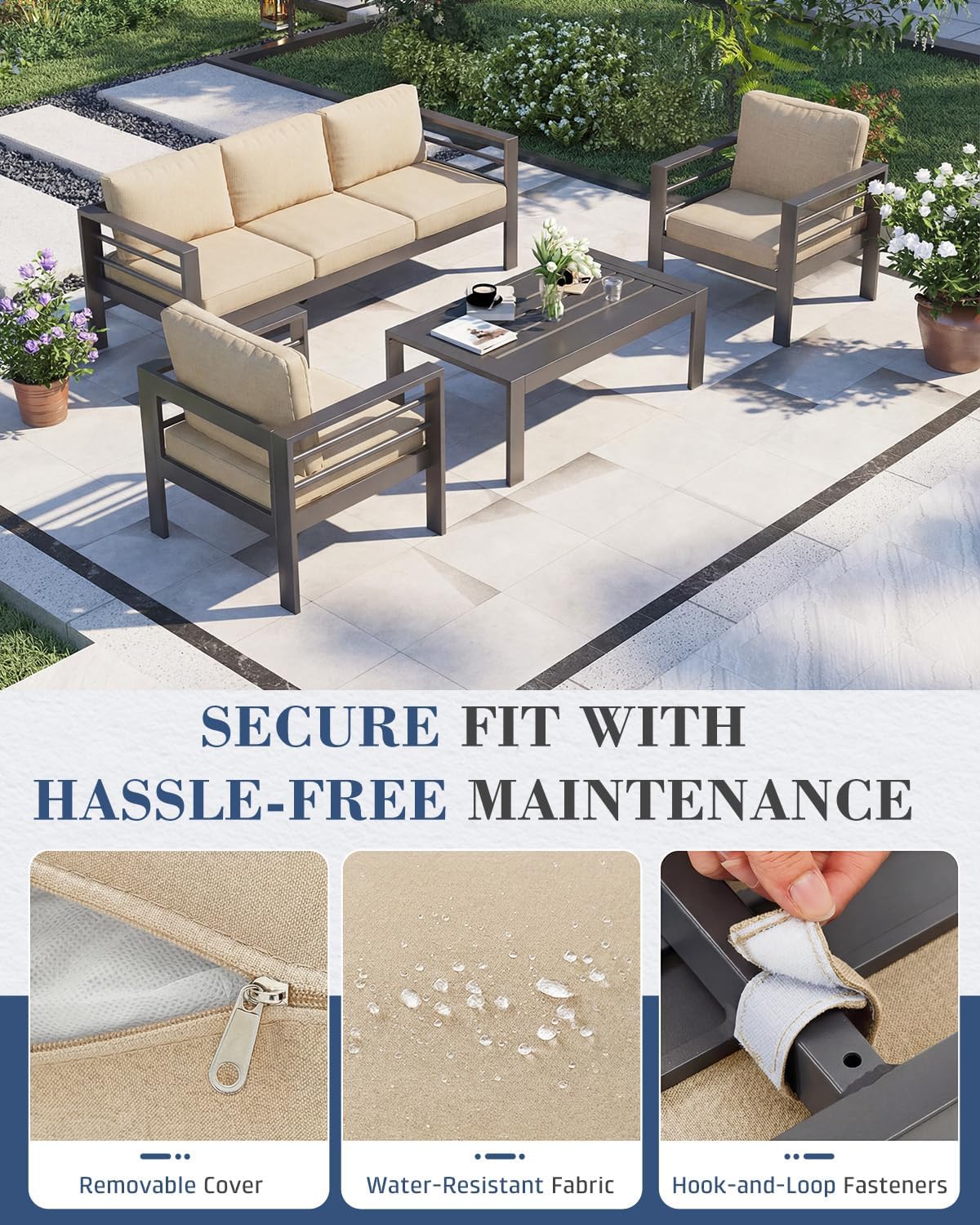 AECOJOY Aluminum Patio Furniture Set, 5 Seats Modern Outdoor Furniture with Coffee Table, 4 Pieces Metal Conversation Sectional Sofa, Beige
