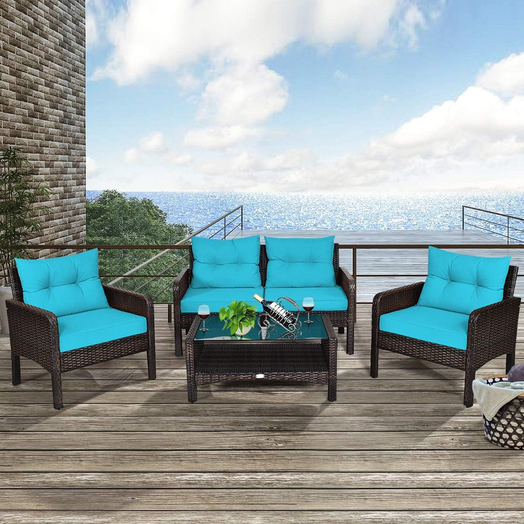 COSTWAY 4-Piece Patio Furniture Set, Sectional Wicker Rattan Sofa Chair with Cushion, Loveseat, Coffee Table with Tempered Glass and Shelf, Outdoor Conversation Sets for Poolside Porch (Turquoise)