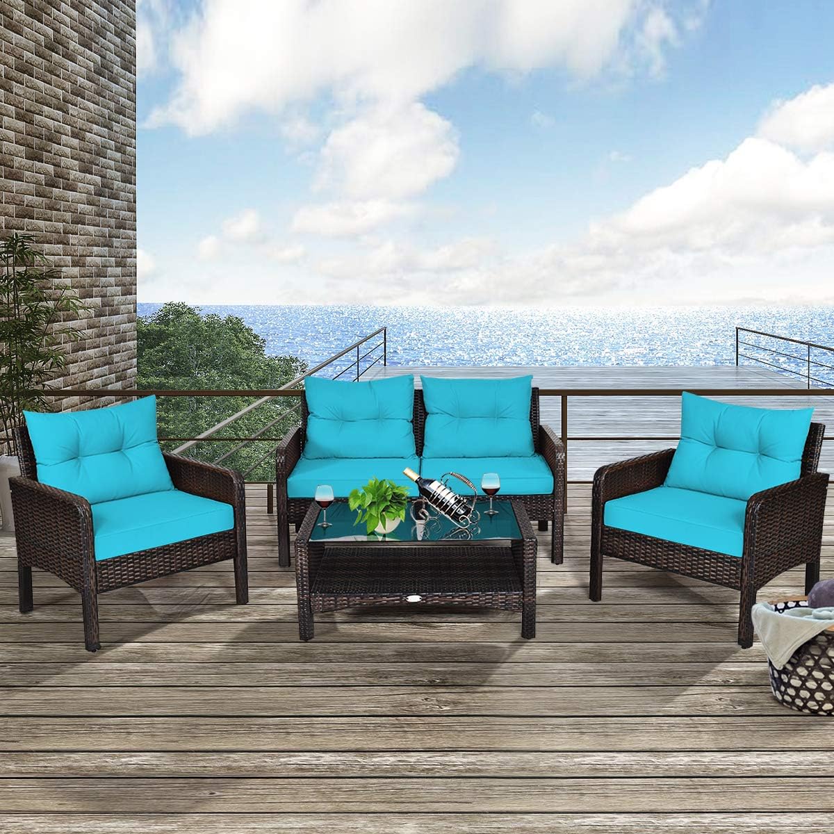 COSTWAY 4-Piece Patio Furniture Set, Sectional Wicker Rattan Sofa Chair with Cushion, Loveseat, Coffee Table with Tempered Glass and Shelf, Outdoor Conversation Sets for Poolside Porch (Turquoise)