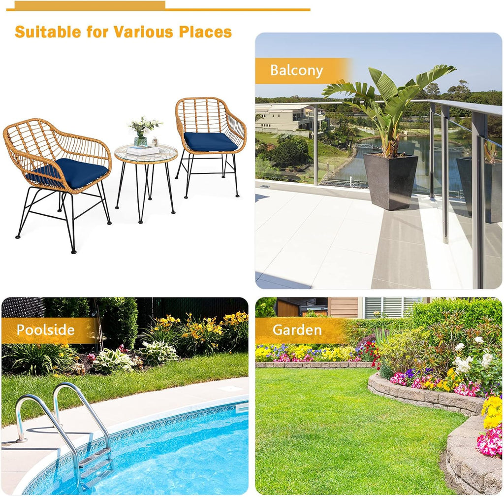 Tangkula 3 Pieces Patio Bistro Set, Rattan Conversation Set with 2 Cushioned Armchairs & Round Glass Coffee Table, Indoor Outdoor Wicker Furniture Set for Balcony, Backyard, Garden, Poolside