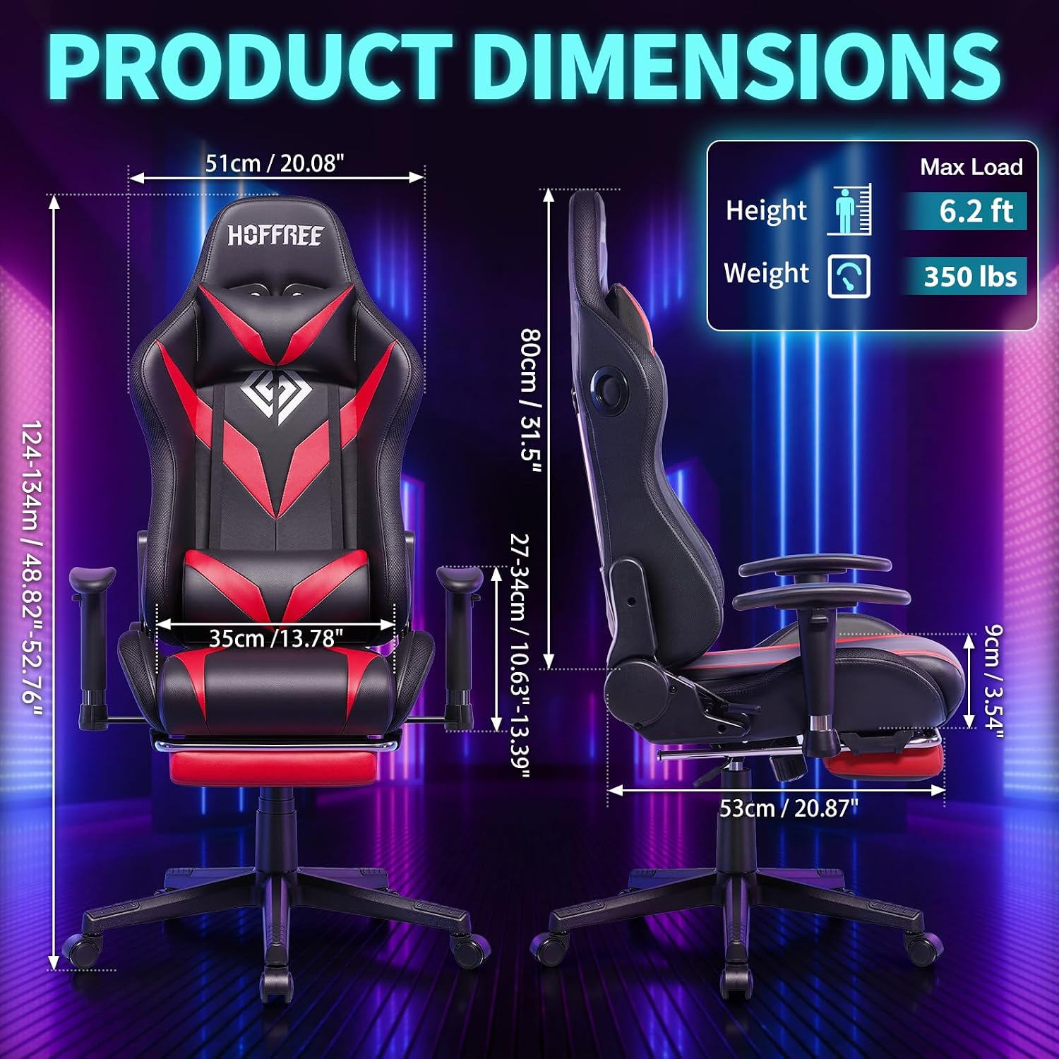 HOFFREE Gaming Chair with Bluetooth Speakers and Led Lights Massage Video Game Chair with Footrest Reclining High Back Computer Gamer Chair Red and Black