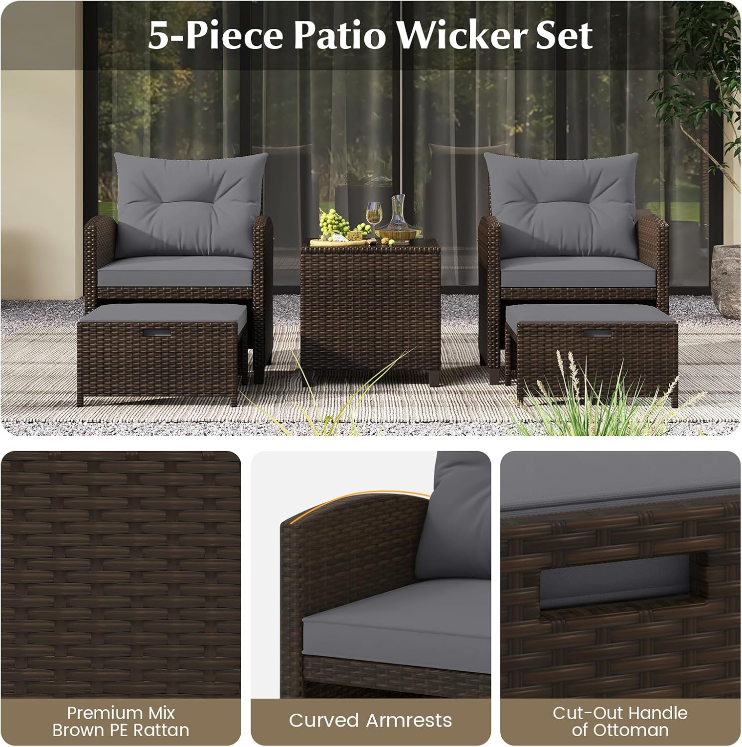 KOTEK 5 Pieces Patio Furniture Set with Ottomans, Wicker Patio Conversation Set with Coffee Table & Cushions, PE Rattan Outdoor Lounge Chairs for Backyard, Porch, Poolside (Mix Brown- Grey)