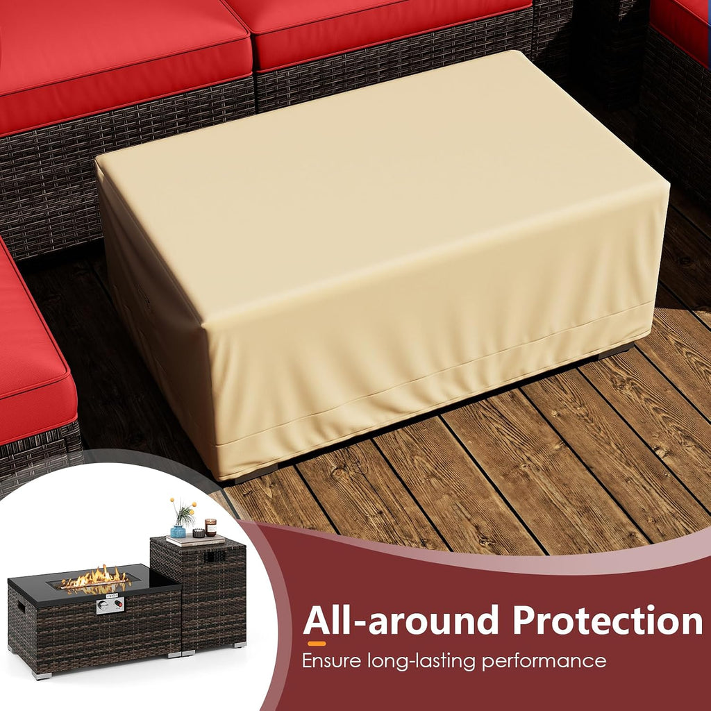 Tangkula 7 Pieces Wicker Patio Furniture Set with 40,000 BTU Gas Fire Pit Table & Propane Tank Cover Table & Glass Top Coffee Table, for Garden, Backyard and Poolside (Red)