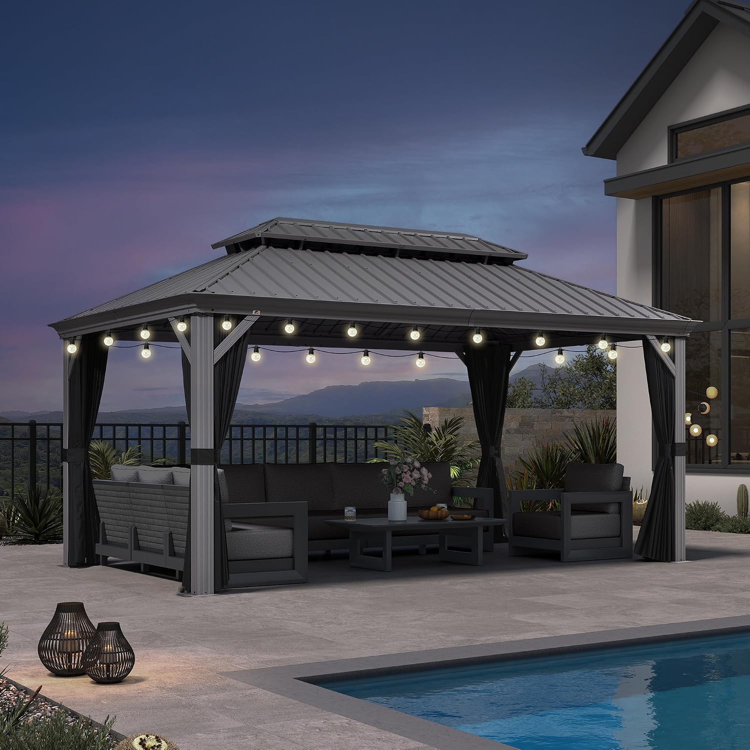 PURPLE LEAF 10' x 16' Hardtop Aluminum Gazebo with Netting and Curtains Heavy Duty Permanent Gazebo with Double Metal Roof for Patio Deck Lawn Garden All Weather Outdoor Pavilion Gazebos, Light Grey