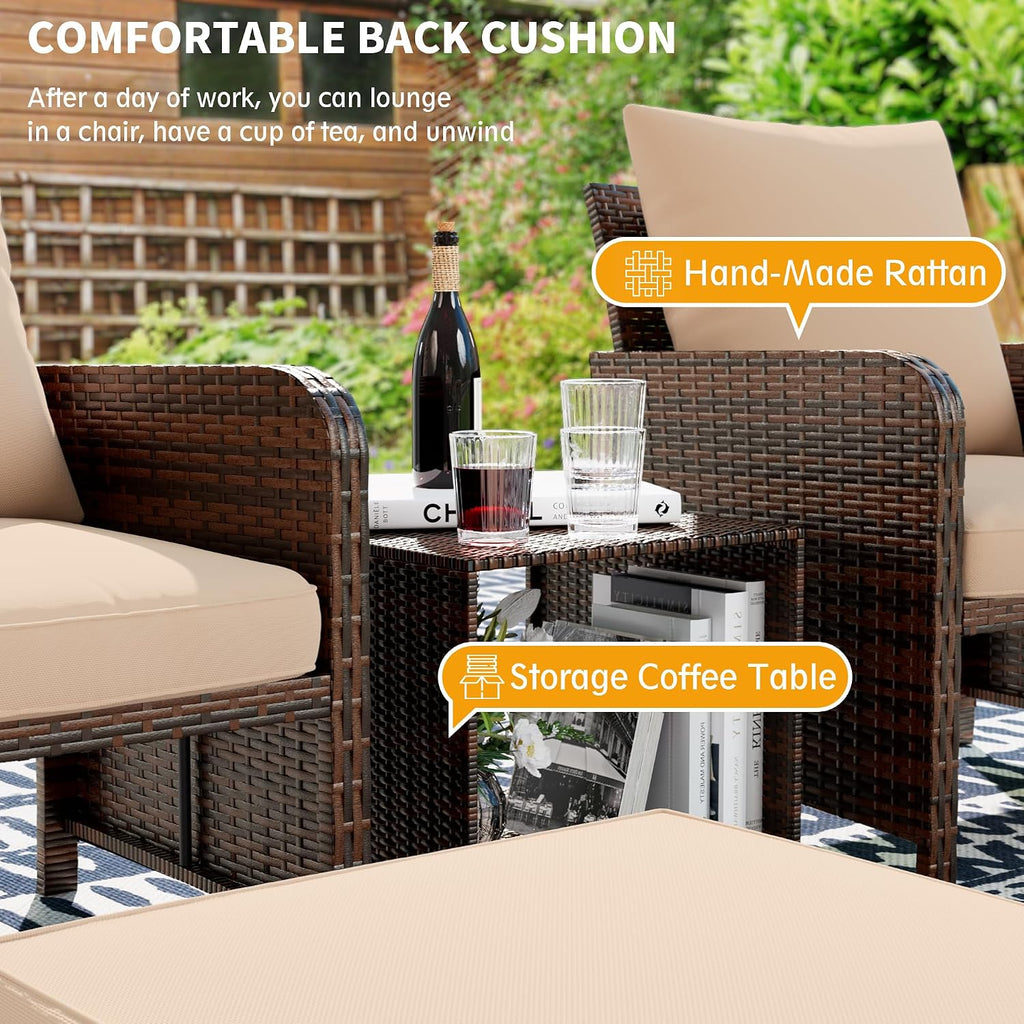 UDPATIO Balcony Furniture Outdoor Patio Chair with Ottoman for Small Space, 5 Piece Wicker Patio Furniture Set with Side Table, Khaki