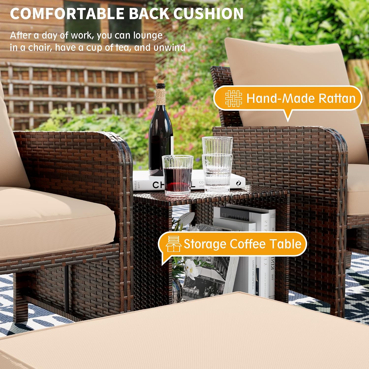 UDPATIO Balcony Furniture Outdoor Patio Chair with Ottoman for Small Space, 5 Piece Wicker Patio Furniture Set with Side Table, Khaki