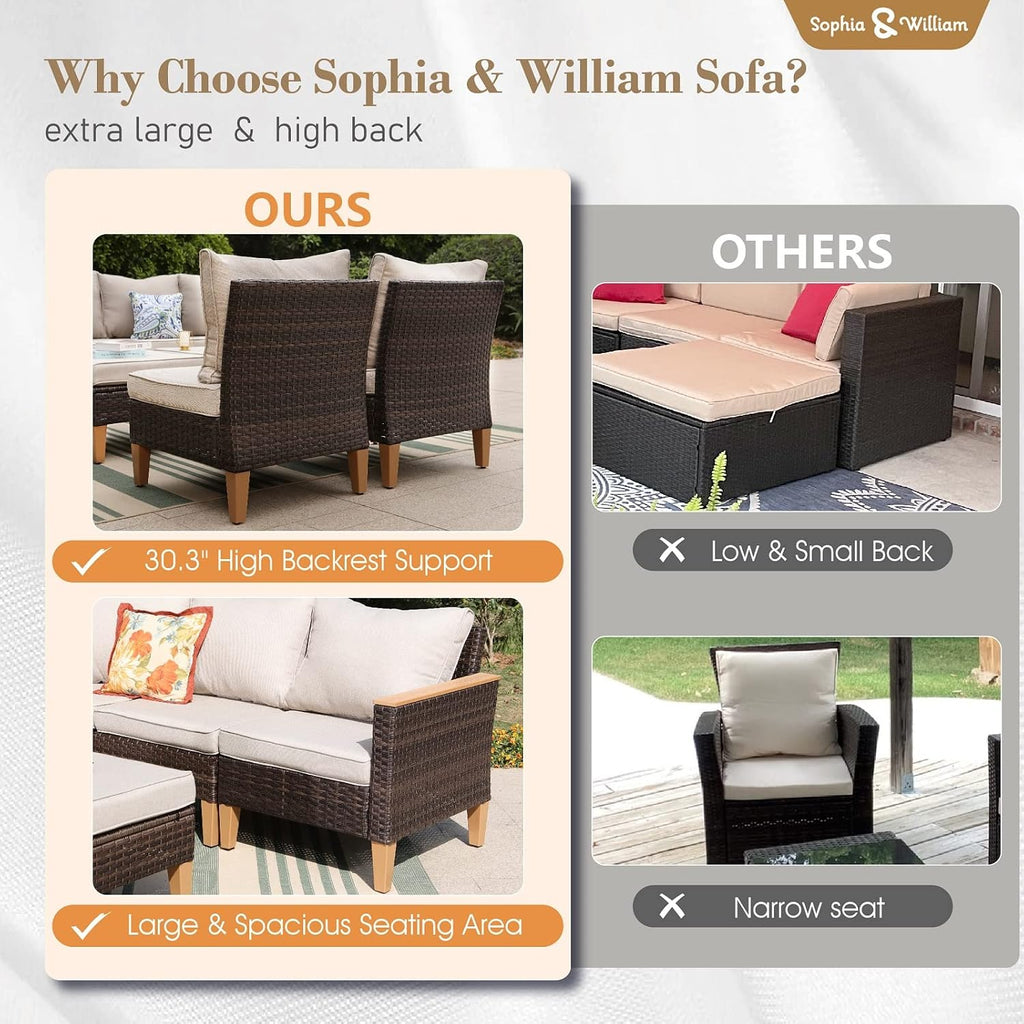 Sophia & William Outdoor Patio Furniture Set High Back Wicker Sofa All-Weather Patio Conversation Set Couch with Clips & 4' Thick Cushions Deck Porch Furniture, Beige