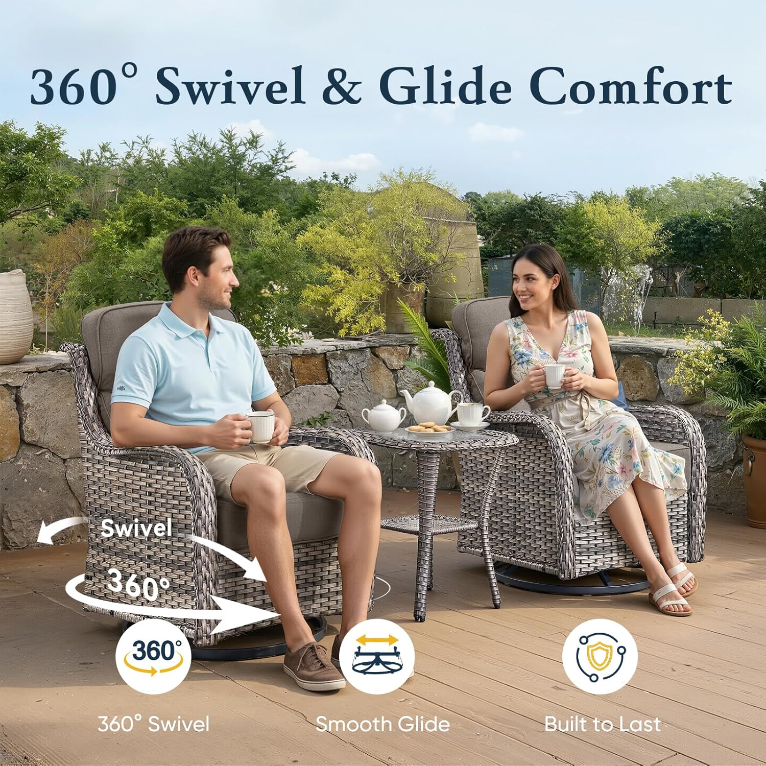 Belord Luxury 6' Thick Cushioned 5 Pieces Patio Furniture Set with Fire Pit Table, Wicker Outdoor Conversation Set with High Back Swivel Rocker Chairs for Deck Porch Yard and Poolside - Grey+Grey
