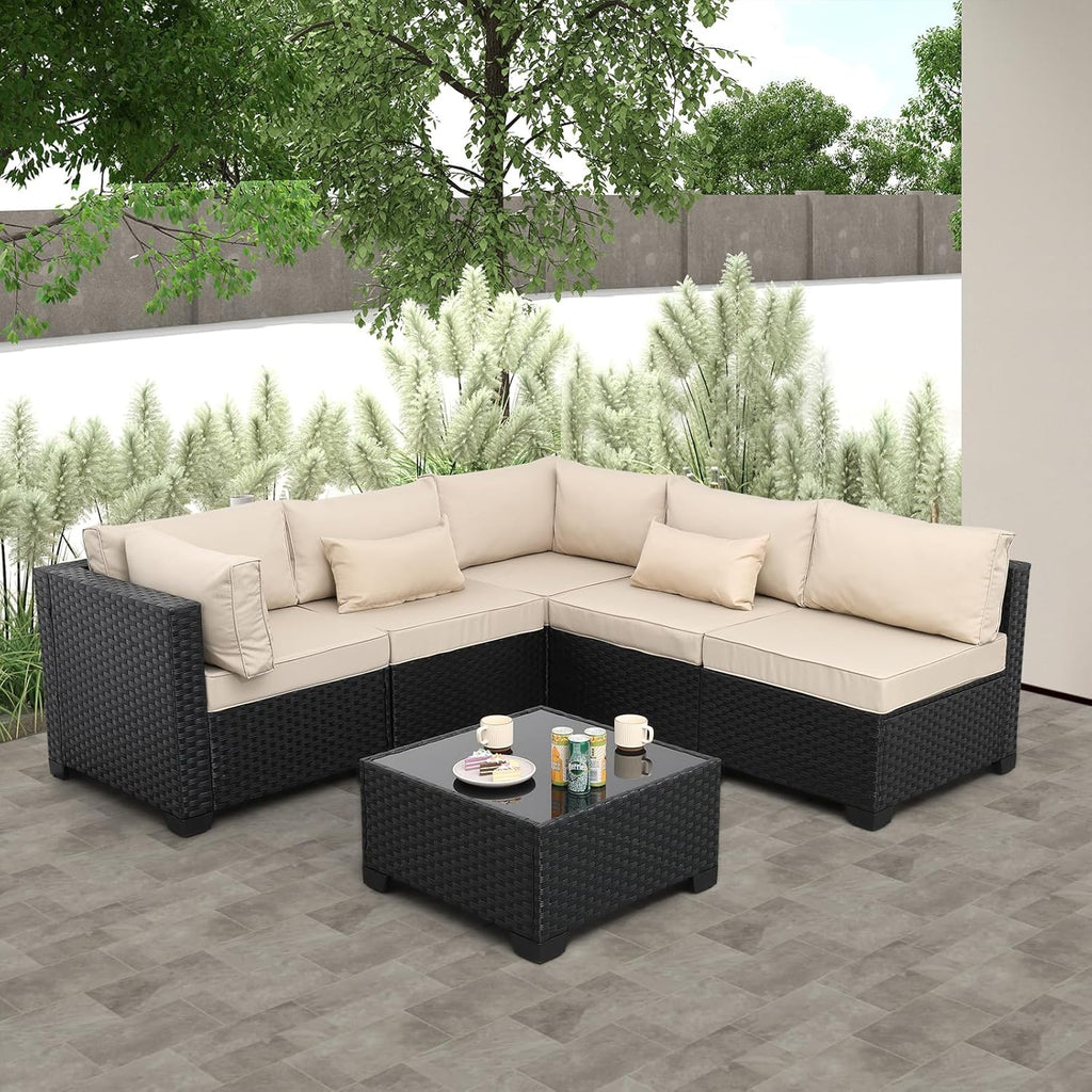 Rattaner Patio Sectional 6 Pieces All-Weather Wicker Patio Furniture Set Outdoor Sectional with Glass Table Non-Slip Cushions and Waterproof Cover, Khaki