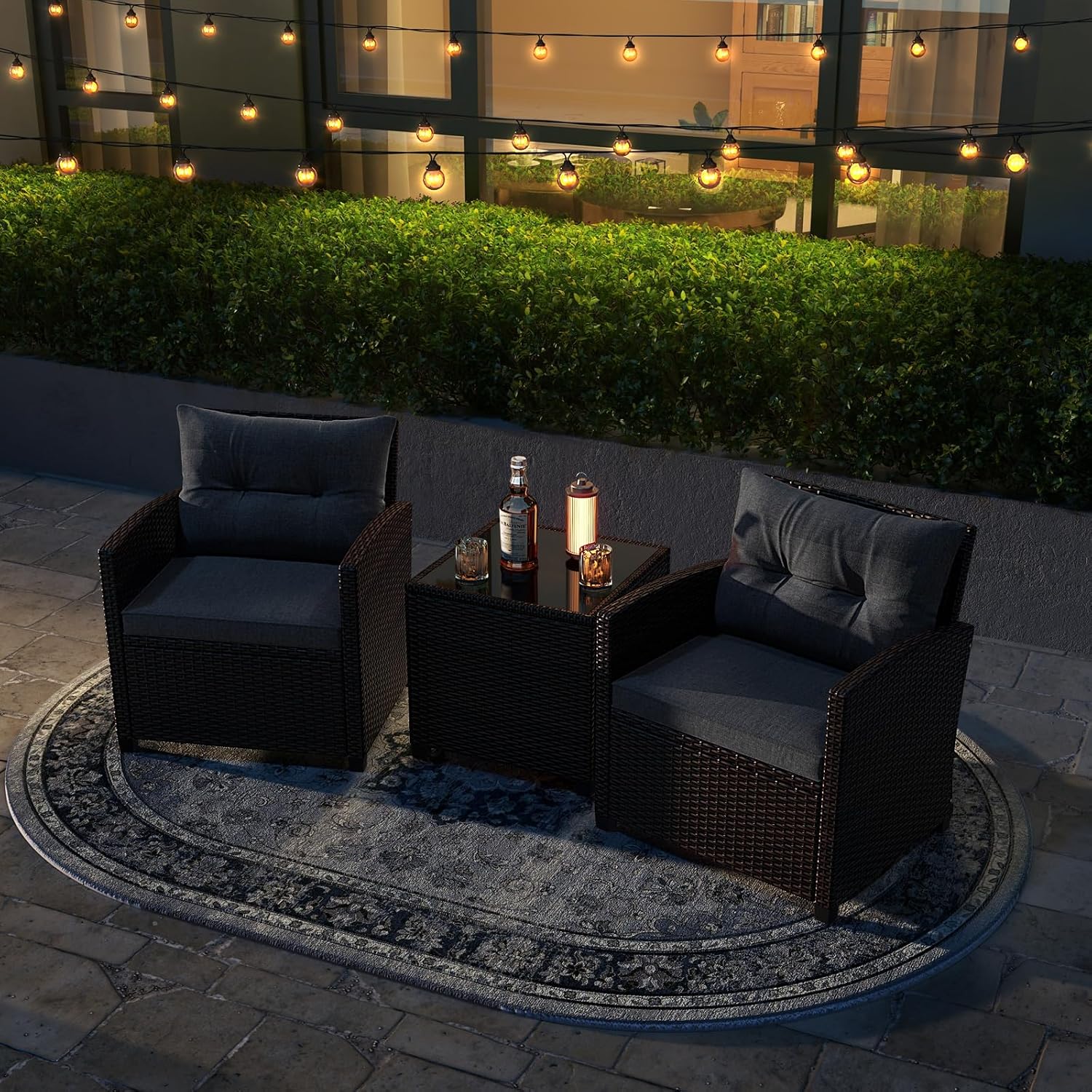 ORALNER 3 Pieces Patio Furniture Set, Outdoor Wicker Conversation Set Rattan Chairs with Cushions, Glass Coffee Table, Bistro Set for Front Porch Balcony Garden Deck Poolside (Grey)