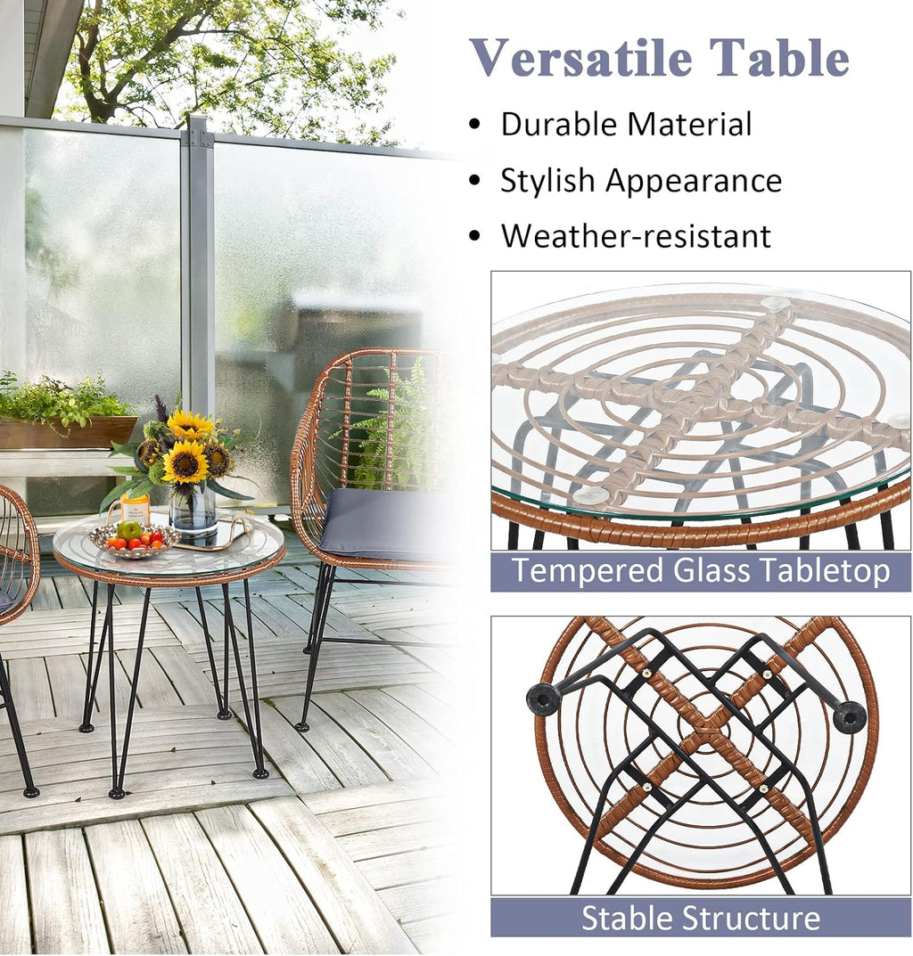 Tangkula 3 Pieces Patio Conversation Bistro Set, Outdoor Wicker Furniture w/Round Tempered Glass Top Table & 2 Rattan Armchairs, Bistro Chat Set w/Seat Cushions for Porch, Backyard, Garden