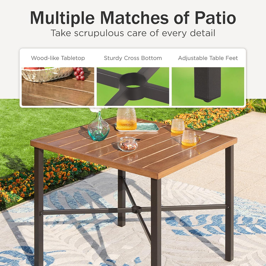 PHI VILLA 5 pcs Outdoor Bar Set, Outdoor Swivel Bar Stool with Red Seat Cushion and Lumbar Support,Extra Large Metal Bar Table with Umbrella Hole for Poolside Garden