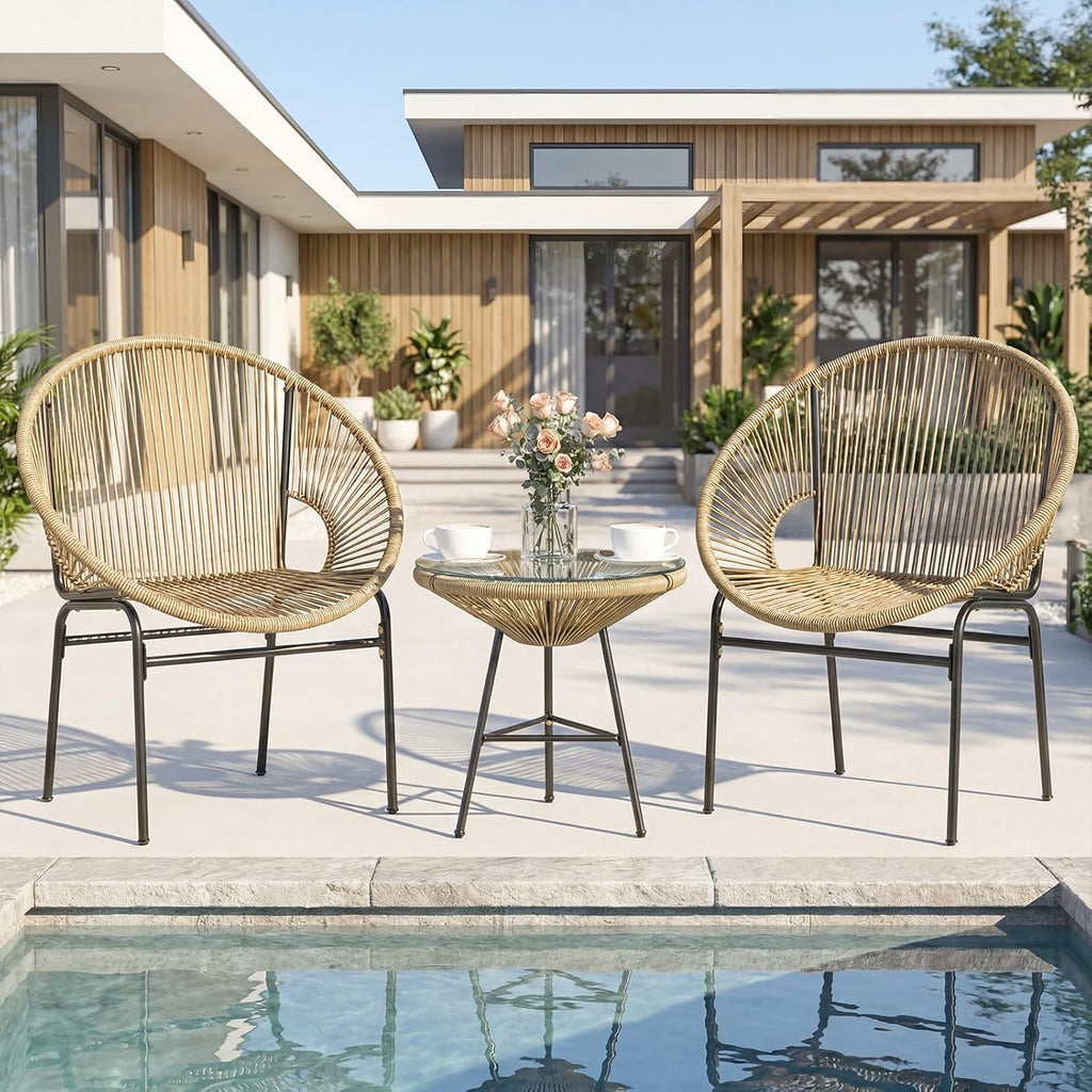 Tangkula 3 Piece Outdoor Patio Furniture Set, Acapulco Chair Set w/Plastic Rope, Tempered Glass Table, All Weather Patio Bistro Set for Patio, Lawn, Garden, Backyard (Brown)