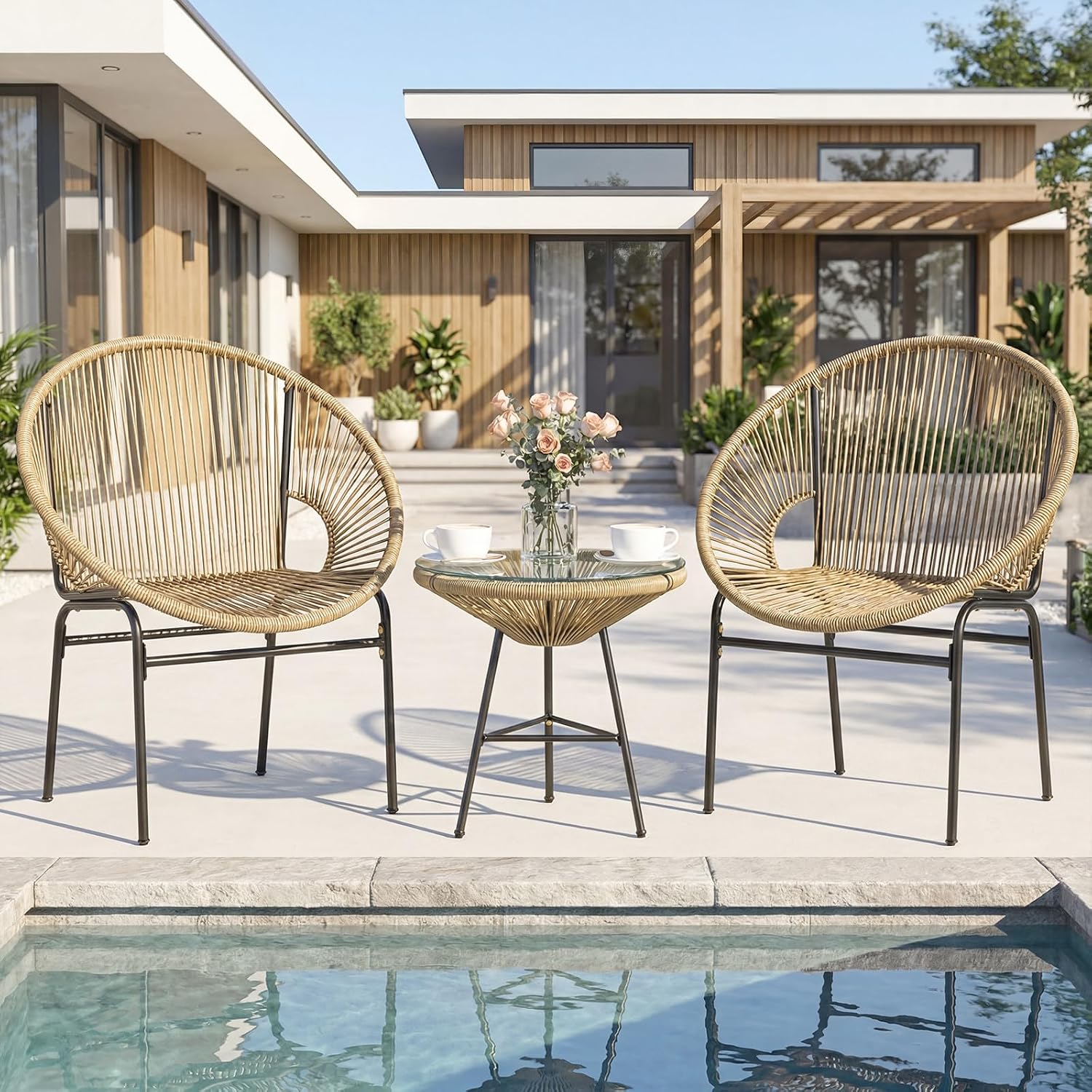 Tangkula 3 Piece Outdoor Patio Furniture Set, Acapulco Chair Set w/Plastic Rope, Tempered Glass Table, All Weather Patio Bistro Set for Patio, Lawn, Garden, Backyard (Brown)