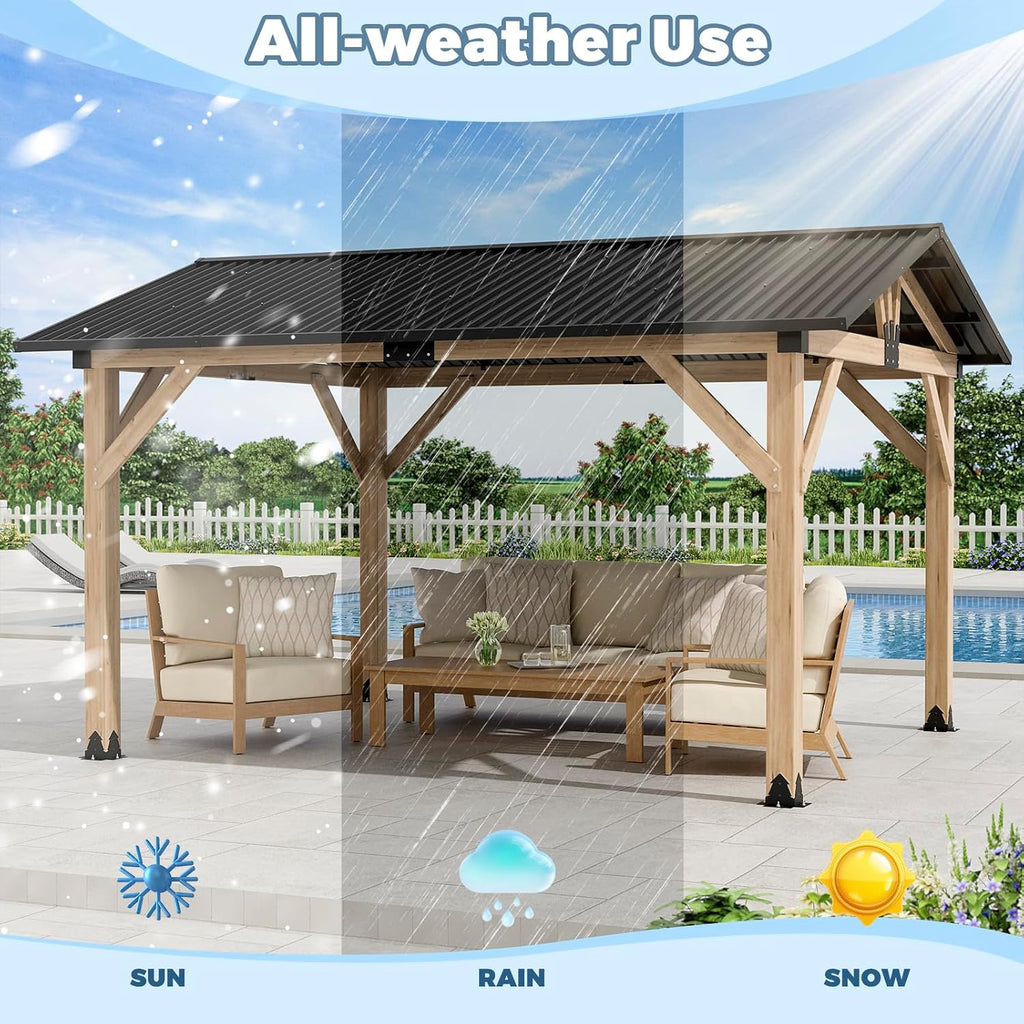 LVUYOYO 11' x 13' Wood Gazebo, Outdoor Hardtop Gazebo, Galvanized Steel Gable Roof Pergola, Outdoor Pavilion for Patio, Backyard, Garden, Deck
