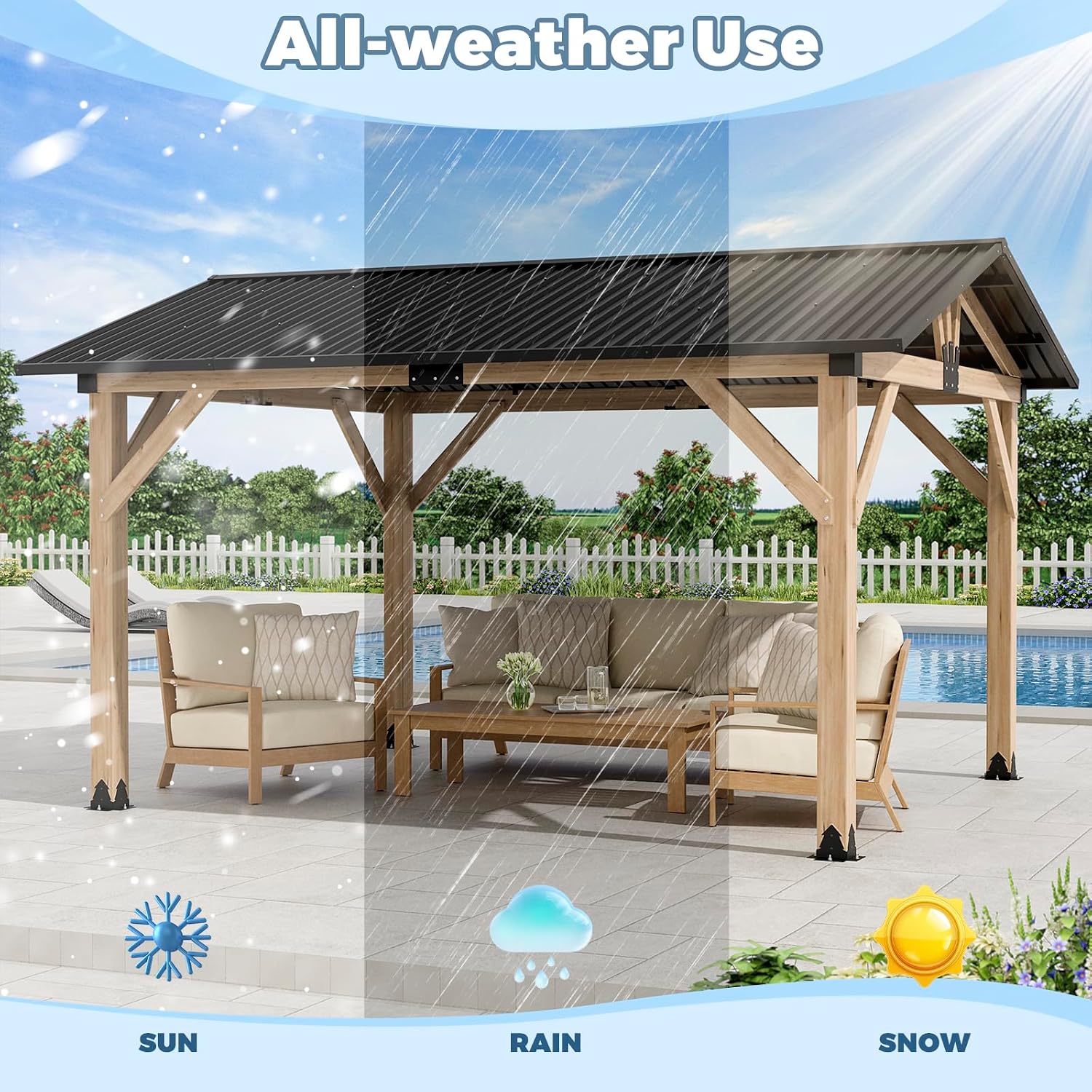 LVUYOYO 11' x 13' Wood Gazebo, Outdoor Hardtop Gazebo, Galvanized Steel Gable Roof Pergola, Outdoor Pavilion for Patio, Backyard, Garden, Deck