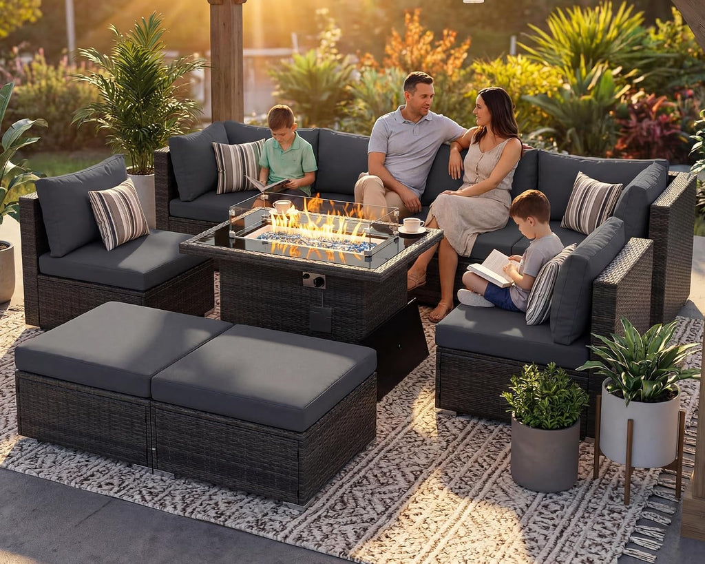 RADIATA 9 Piece Wicker Patio Furniture Set with Fire Pit, All-Weather Outdoor Sectional Couch High Back Large Size, Modular Backyard Seating Sofa Set with Propane/Natural Gas Firepit Table, Dark Grey