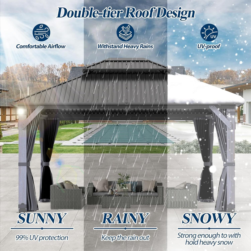COVERONICS 12'x14' Outdoor Wood Gazebo - Hardtop Wooden Gazebo with Galvanized Steel Roof, Heavy-Duty Pavilion with Netting & Curtains for Garden, Poolside, Deck, Backyard