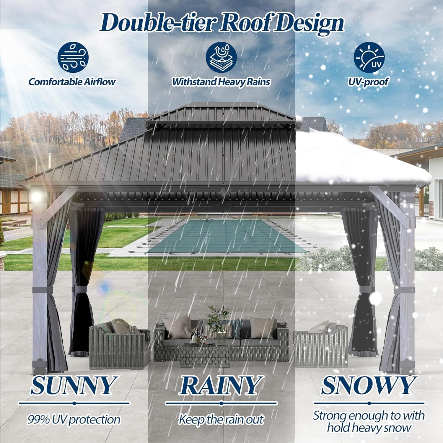 COVERONICS 12'x14' Outdoor Wood Gazebo - Hardtop Wooden Gazebo with Galvanized Steel Roof, Heavy-Duty Pavilion with Netting & Curtains for Garden, Poolside, Deck, Backyard