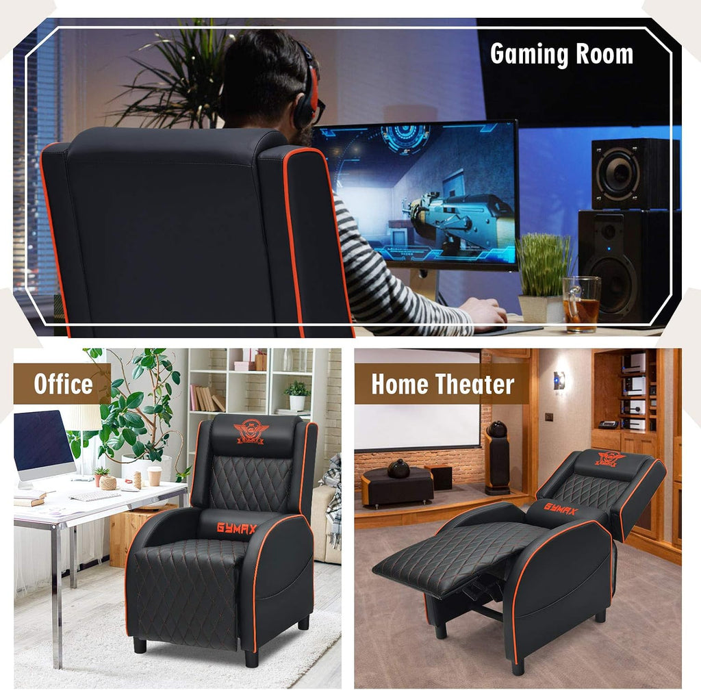 GYMAX Massage Gaming Recliner Chair, Ergonomic Racing Style Single Sofa with Adjustable Headrest, Backrest & Footrest, Home Theater Sofa for Living Room Office (Orange)