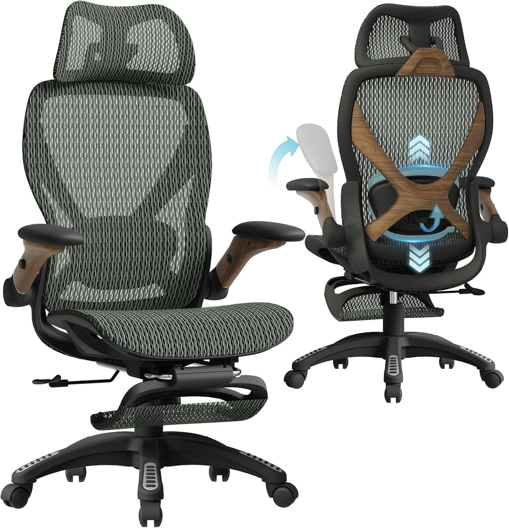 ELABEST X100 Ergonomic Mesh Office Chair with Footrest, Big and Tall Hone Desk Chair with 5D Flip-Up Arms, Adjustable 3D Lumbar Support,Gaming & Executive Computer Chairs