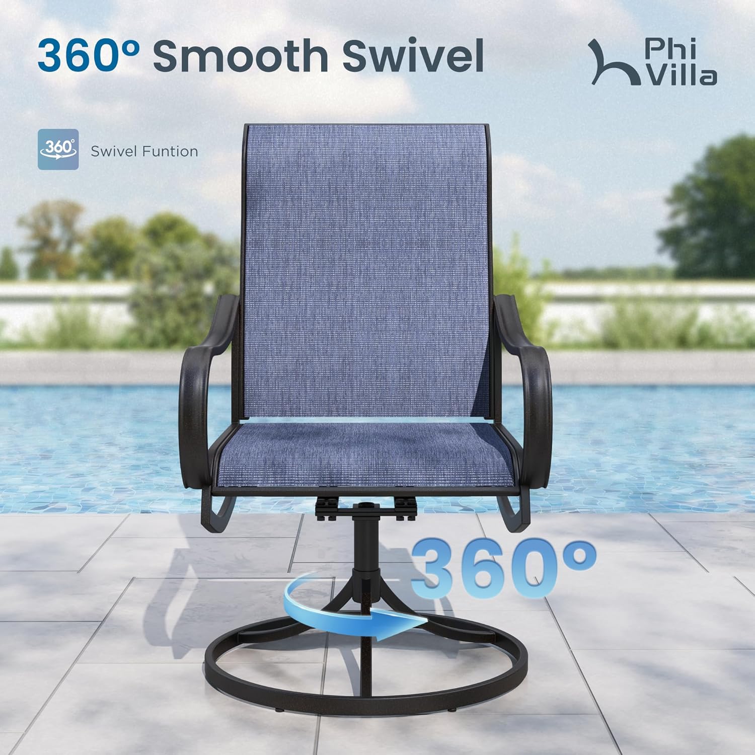 PHI VILLA 5 PCS Outdoor Patio Dining Set with Swivel Dining Chairs (Blue) and 37'x 37' Metal Steel Dining Table(1.57' Umbrella Hole), All Weather Patio Dining Furniture Set for Deck Lawn Garden