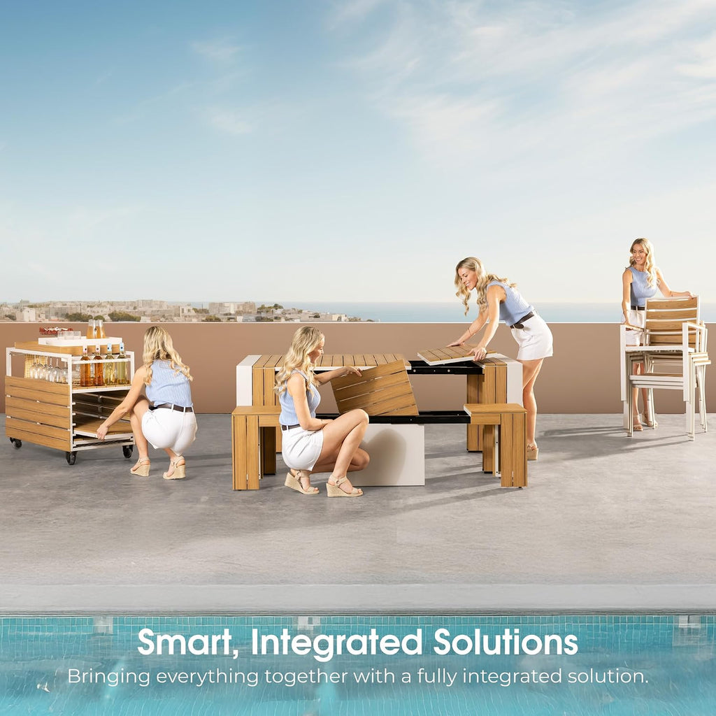 Transformer Table - Extendable Outdoor Dining Set up to 12, Expandable Patio Table, Weather-Resistant Patio Furniture, Outdoor Furniture, Dark Walnut, Brown (Table + 2 Benches)