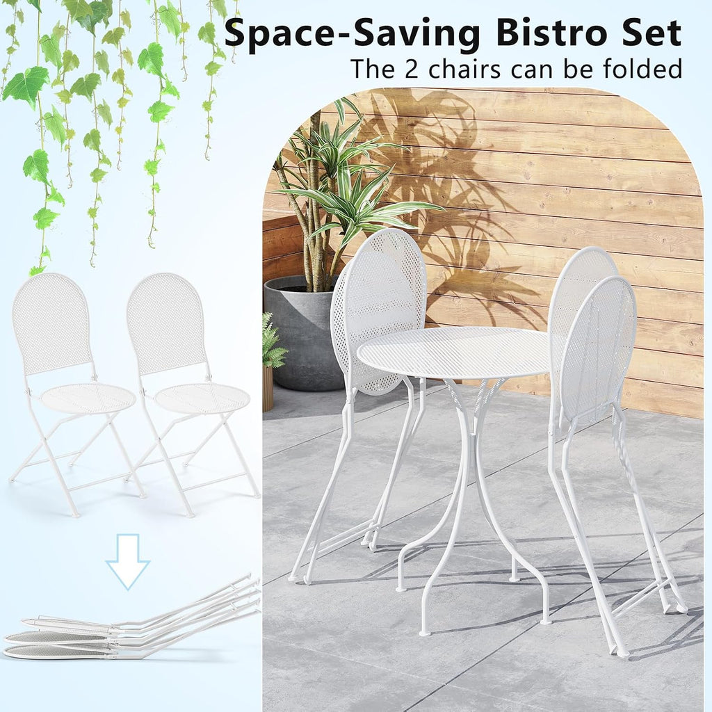 Tangkula 3 Pieces Patio Bistro Set, Metal Table and Folding Chair Set for 2, Outdoor Garden Furniture Set with Round Table & 2 Folding Chairs, Indoor Outdoor Bistro Set for Garden, Yard, Porch (White)