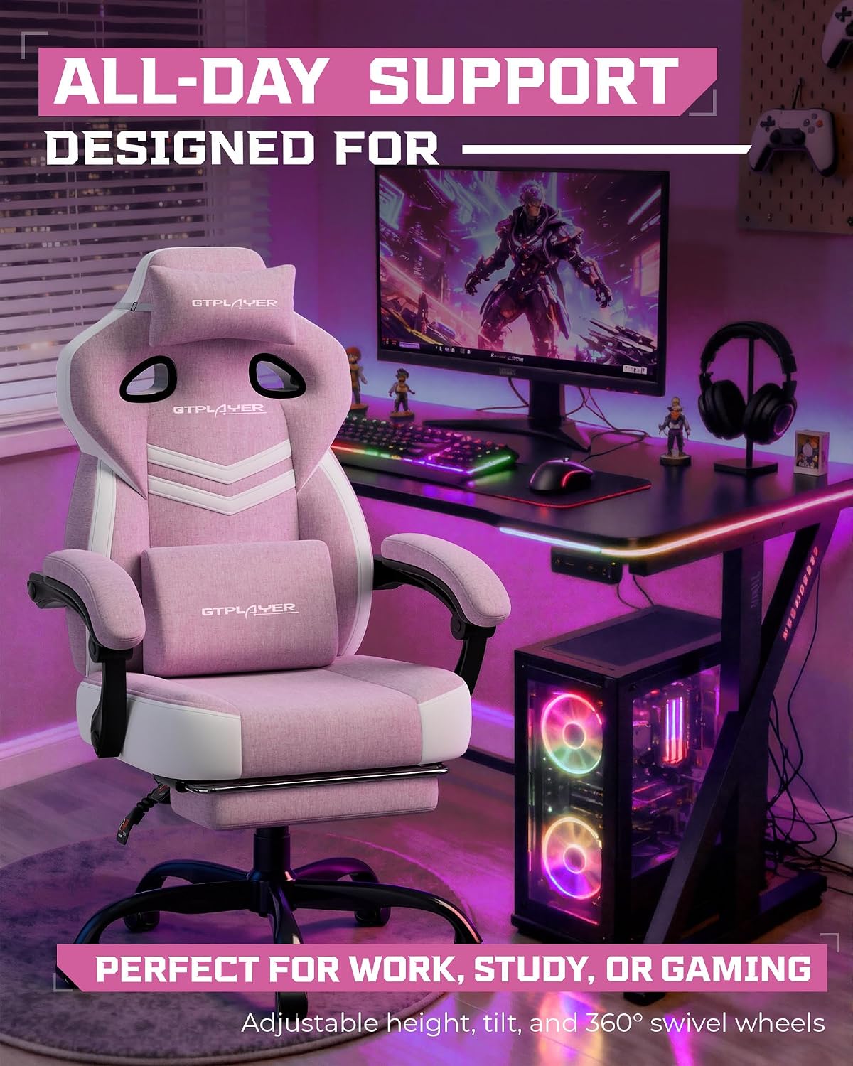 GTPLAYER Gaming Chair, Computer Chair with Footrest and Lumbar Support for Adults, 360°-Swivel Big & Tall Reclining Seat for Office or Gaming (Pink)