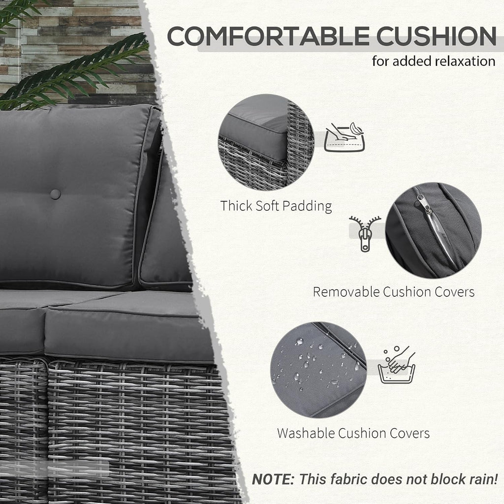 Outsunny 2 Piece Patio Wicker Corner Sofa Set, Outdoor PE Rattan Furniture, with Curved Armrests and Padded Cushions for Balcony, Garden, or Lawn, Gray