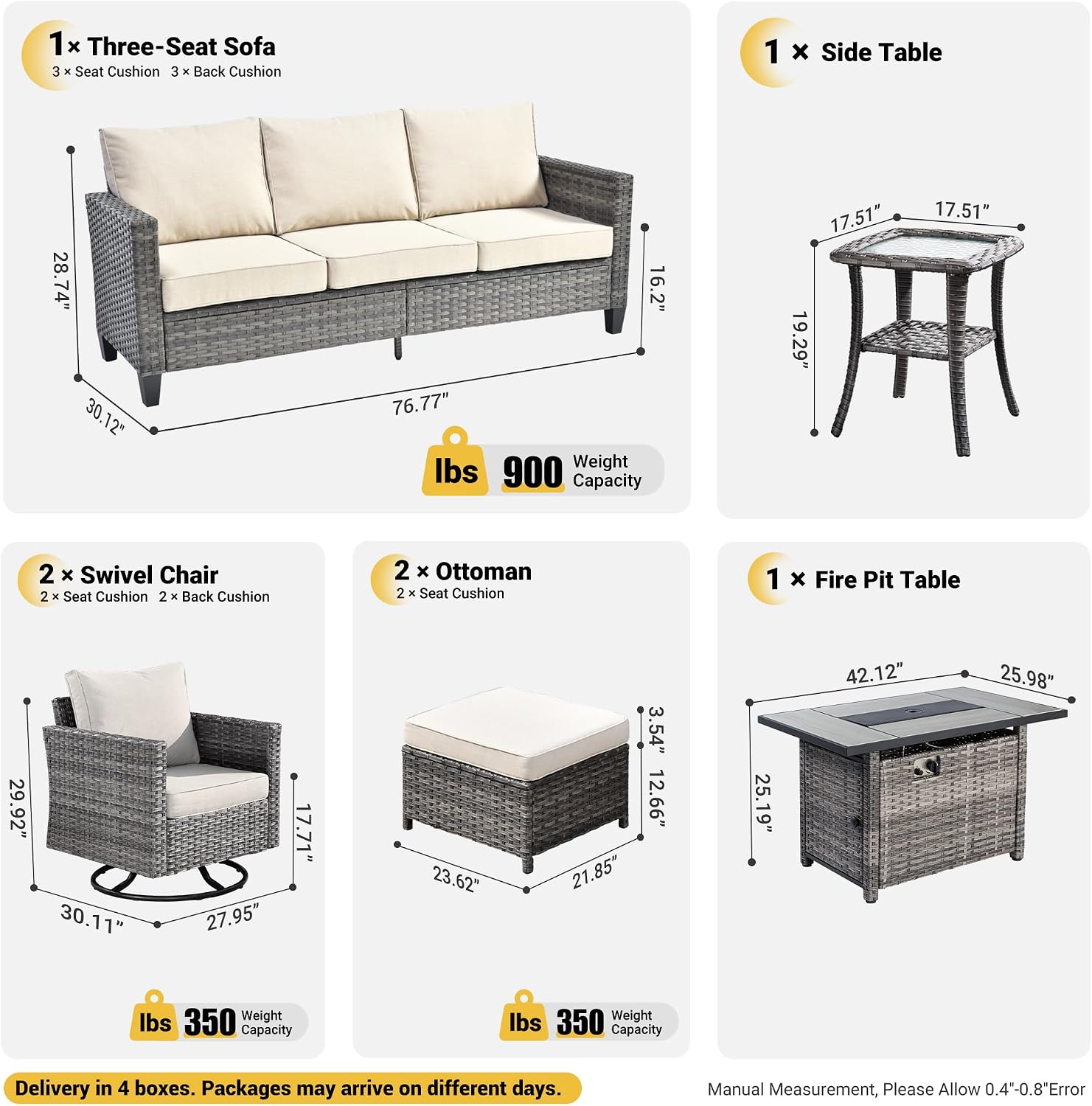 ovios 7 Pieces Patio Furniture Set with Rectangular Fire Pit Table, Swivel Rocking Chairs, Outdoor High Back Wicker Rattan Conversation Set for Deck Porch, Beige