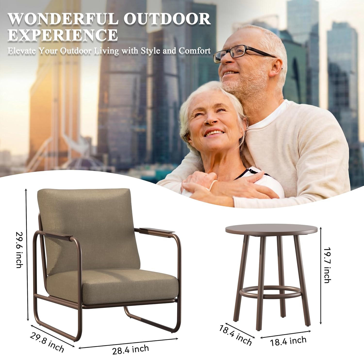 3 Piece Outdoor Chair Set with Side Table, 2 Patio Accent Chairs & Coffee Table, Sturdy Aluminum Frame, 6' Thick Cushions, 24' Wide Seat, All-Weather for Porch Deck Backyard, Brown