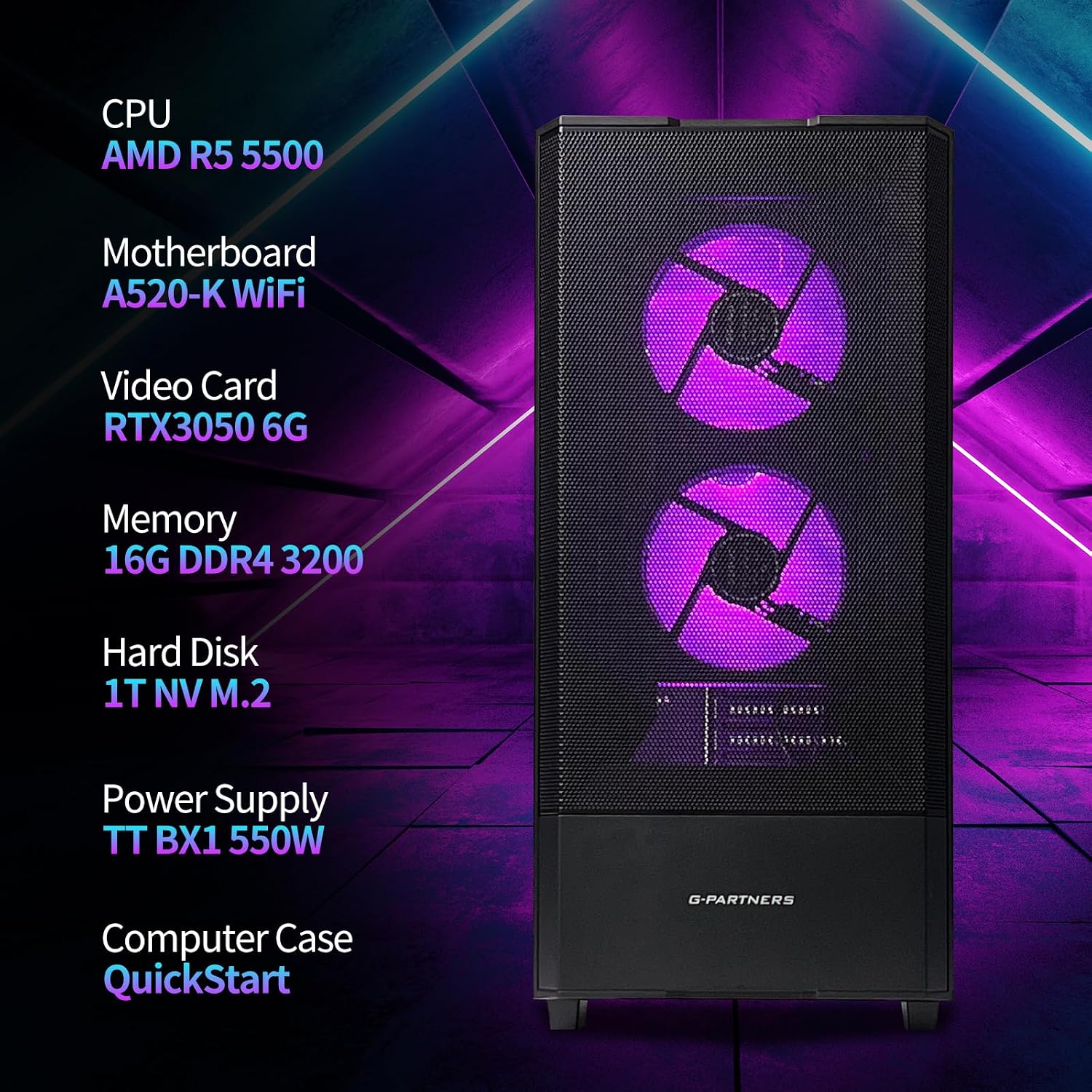 Prebuilt Gaming Desktop PC, AMD Ryzen 5 5500, GeForce RTX 3050 6GB, 16GB DDR4 3200MHz RAM, 1TB NVMe SSD, ARGB Air Cooling, Wi-Fi,Tower Computer for Gaming, Streaming, Editing