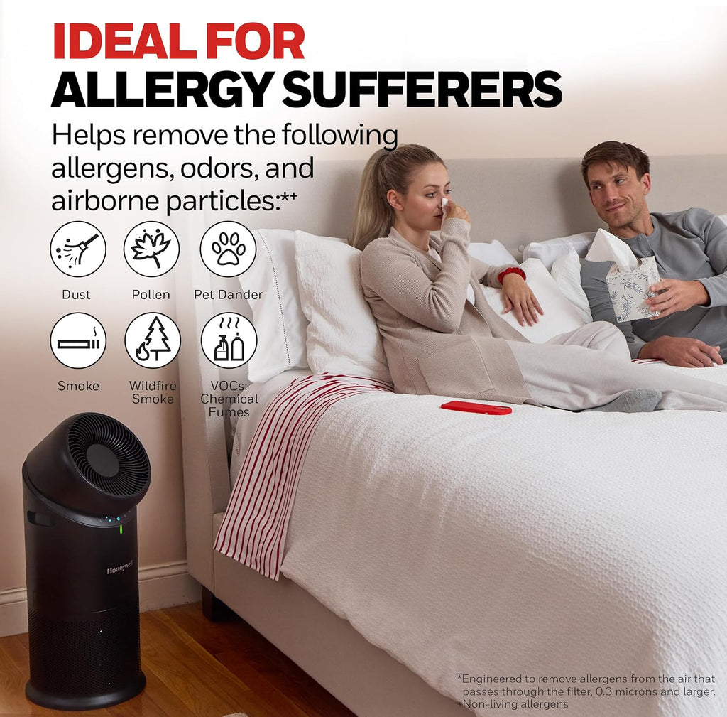 Honeywell Allergen Plus™ 3-in-1 HEPA Air Purifier, Fan & Air Circulator, 1928 Ft² Rooms in 1 hour, Air Quality Sensor, Sleep Mode, Reduces Allergens, Pet Dander, and Odors, Black, HPA6000B