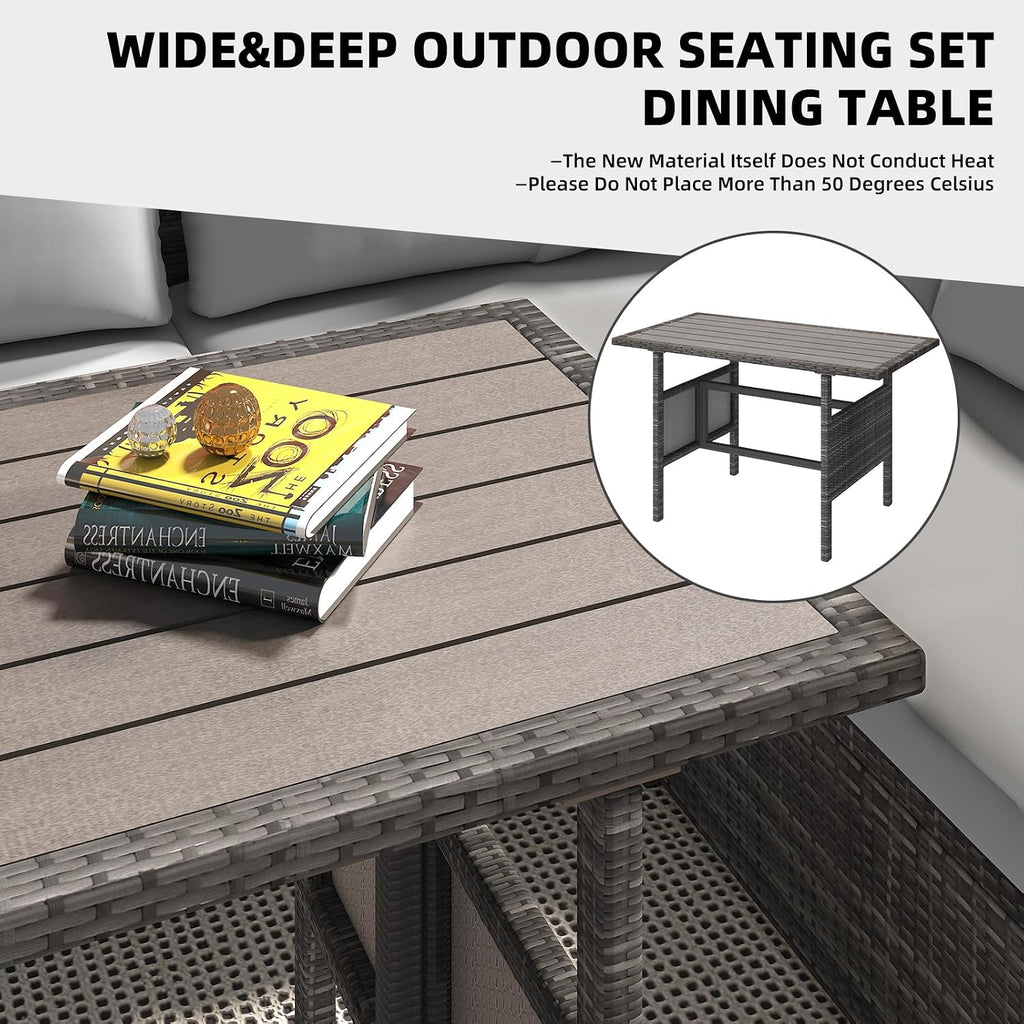 AECOJOY Outdoor Patio Furniture Set with Waterproof Cover, 7 Pieces Clearance Sectional Rattan Dining Table&Chairs, All Weather Wicker Conversation Sofa Couch, Grey Cushions&Grey Rattan
