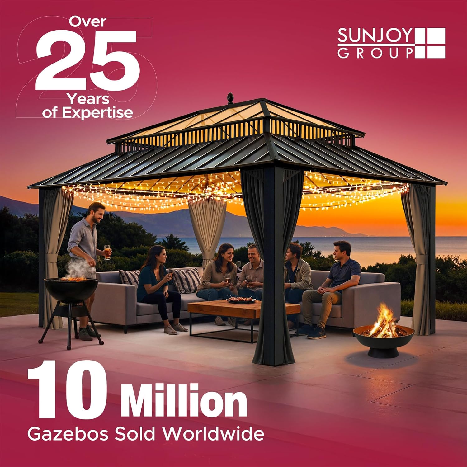 SUNJOY Kingston 14' x 12' Hardtop Gazebo with Galvanized Steel/Polycarbonate Double Roof, Curtain and Netting, Gray Aluminum Posts Permanent Pavilion Gazebo for Garden, Patio, Deck, Lawn