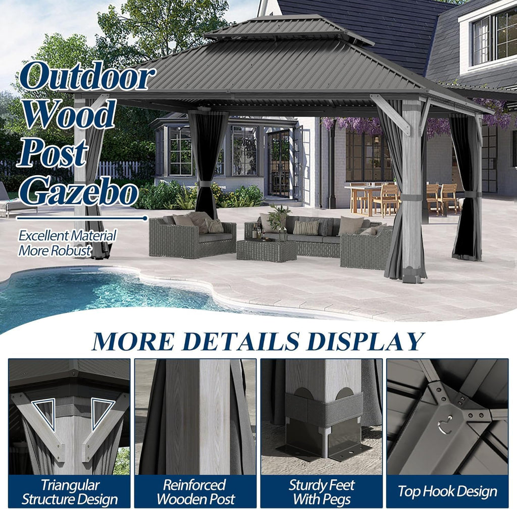 COVERONICS 12'x14' Outdoor Wood Gazebo - Hardtop Wooden Gazebo with Galvanized Steel Roof, Heavy-Duty Pavilion with Netting & Curtains for Garden, Poolside, Deck, Backyard