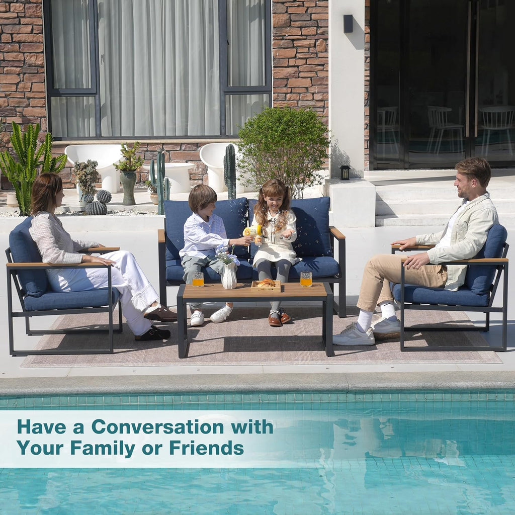 Patio Furniture Set, 4 Pieces Outdoor Patio Furniture with Coffee Table Set, Metal Patio Conversation Sets with Washable and High-Resiliency Sponge Cushions, Upgrade Blue