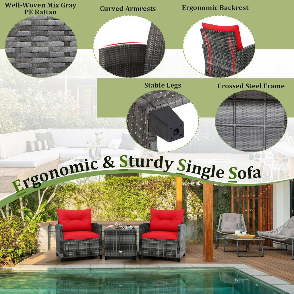RELAX4LIFE Wicker Patio Furniture Sets - 3 Pieces Rattan Sofa Set, Outdoor Conversation Set with Tempered Glass Tabletop, Heavy-Duty Steel Frame, Wicker Chair Set for Poolside, Backyard (Grey-Red)