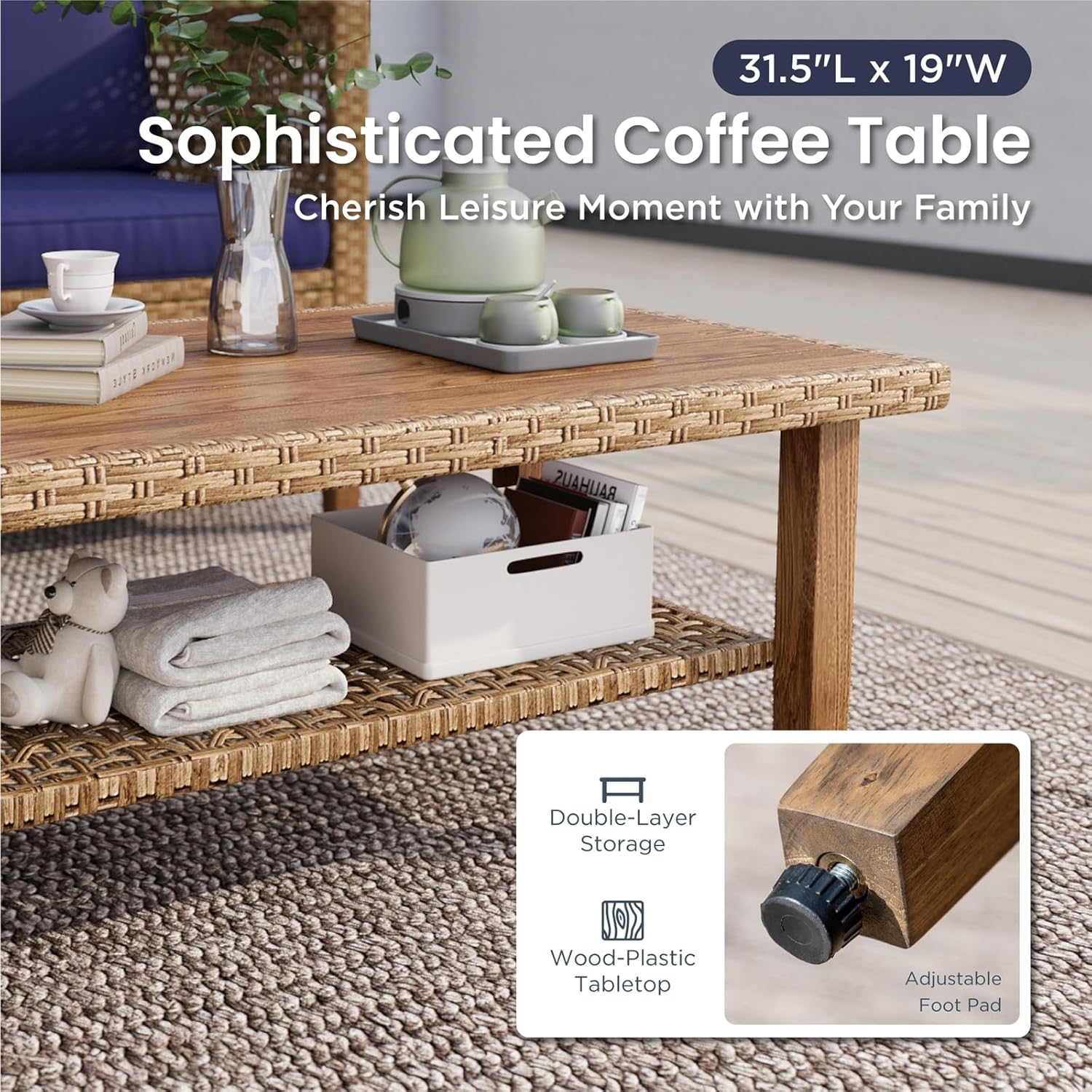 PHI VILLA Sectional Outdoor Couch, L-Shaped Wicker Patio Sofa Set, Small Rattan Patio Furniture Set with Acacia Wood Coffee Table for Deck Porch, 4 Seats, Navy Blue Cushion