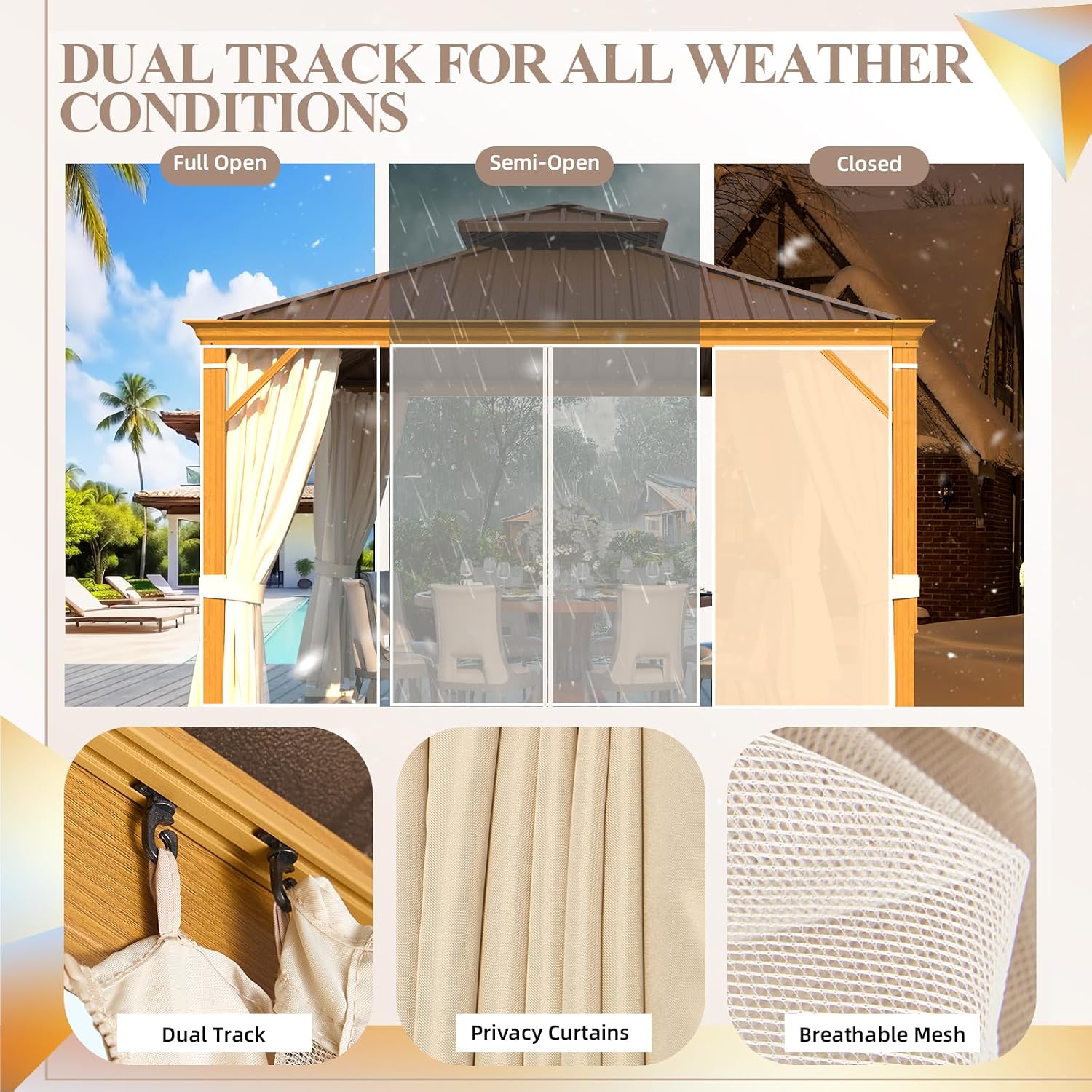 YOLENY 12'x12' Hardtop Gazebo, Wood Grain Aluminum Frame Canopy with Galvanized Steel Double Roof, Outdoor Patio Gazebo with Netting and Curtains for Backyard, Patio, Lawns