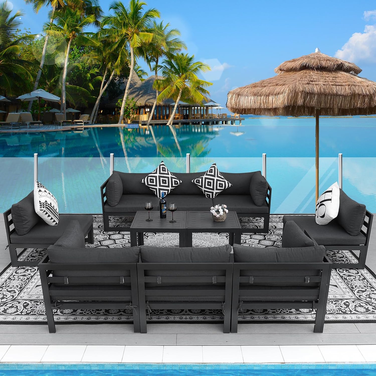 RADIATA 10 Piece Modern Aluminum Outdoor Patio Furniture Set, 29' Wide Deep Seating, Fade Water Resistant U Shaped Modular Sectional Couch, Large Comfy Conversation Set for Backyard Garden, Dark Gray