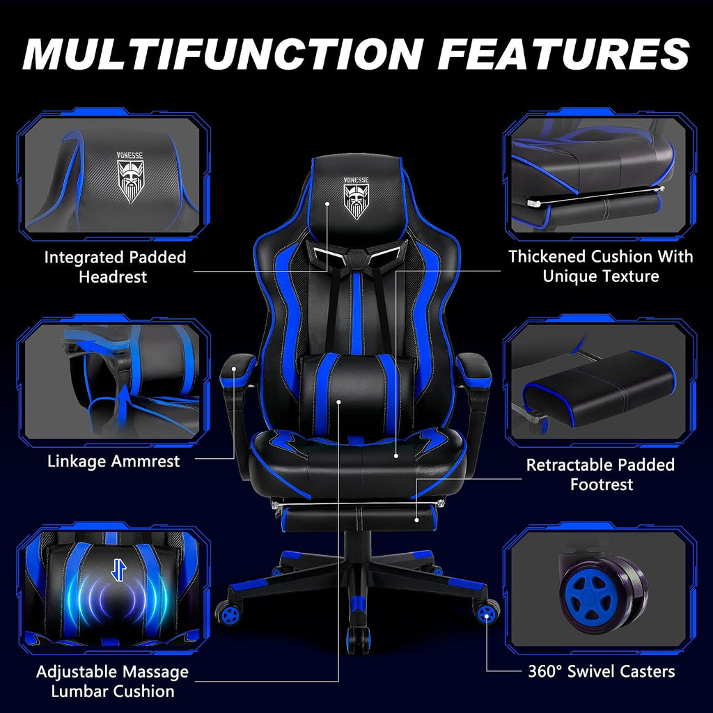 Vonesse Gaming Chairs for Adults, Gamer Chair with Footrest and Massage, Reclining Big and Tall Ergonomic Gaming Chair, Computer Chairs for Heavy People 300LBS (Blue/Black)
