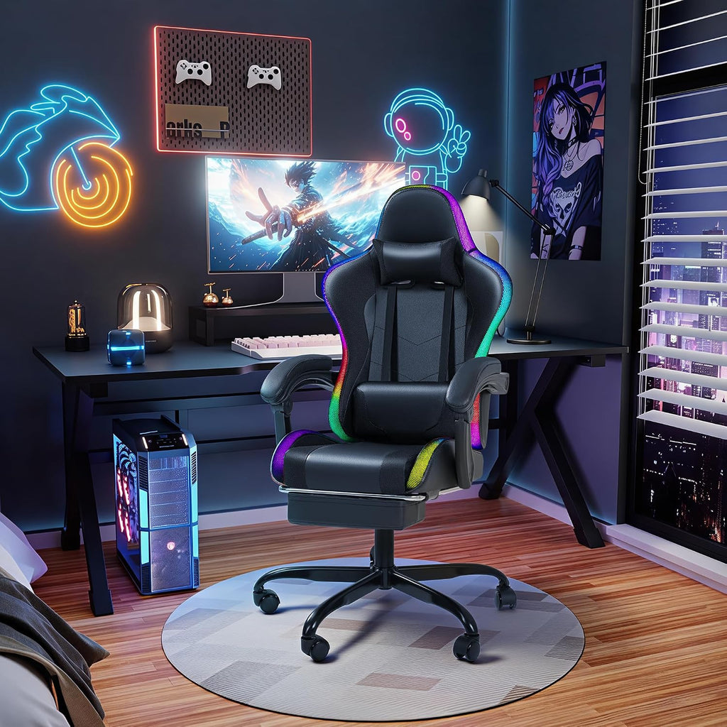 Gaming Chair with RGB, Computer Gaming Chairs with LED Lights and Footrest for Home, Office, Black