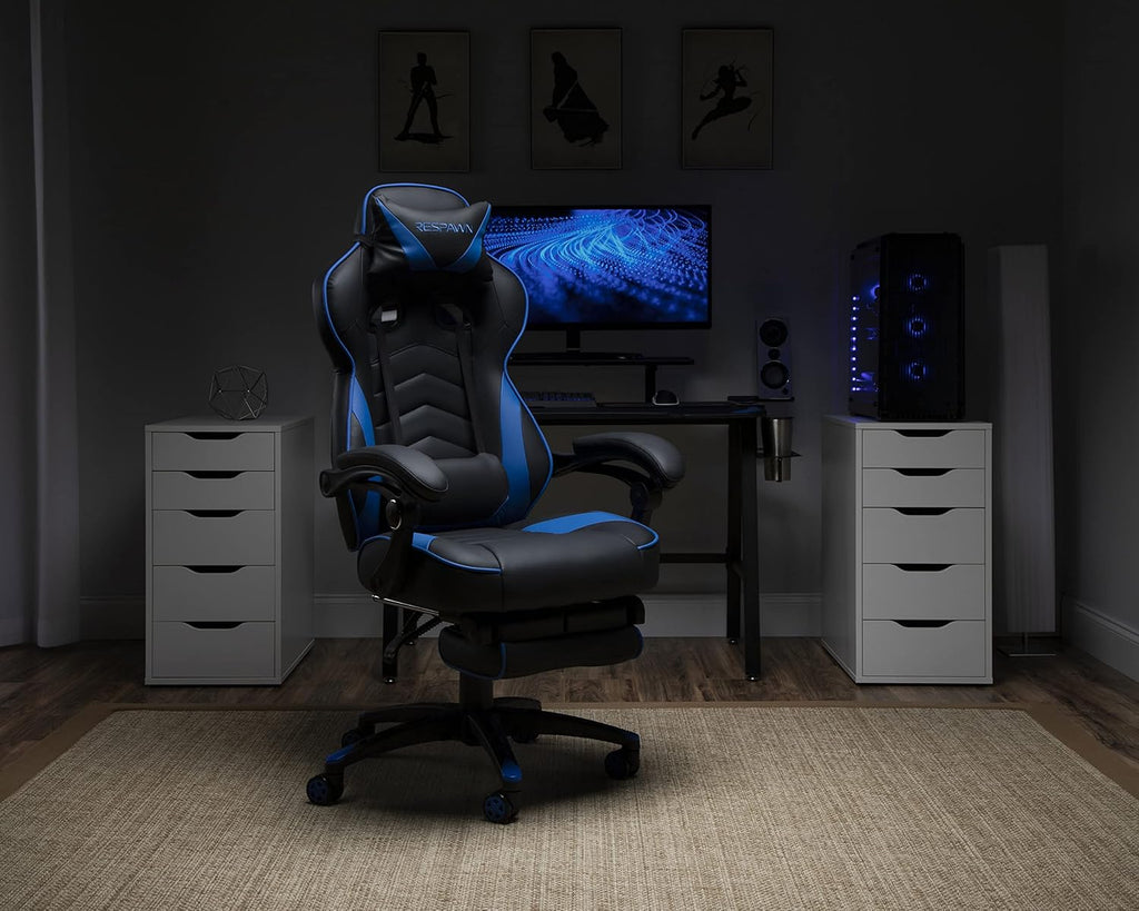 RESPAWN 110 Ergonomic Gaming Chair with Footrest Recliner - Racing Style High Back PC Computer Desk Office Chair - 360 Swivel, Adjustable Lumbar Support, Headrest Pillow, Padded Armrests - 2019 Blue