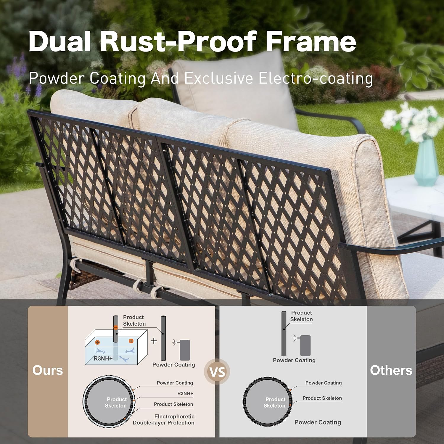 SUNSHINE VALLEY 6 Piece Metal Outdoor Patio Furniture Set, Patio Conversation Set 1 3-Seater Sofa, 2 Fixed Sofa, 2 Rocking Sofa with 5.75' Thick Cushion & Coffee Table Black Backyard Furniture, Beige