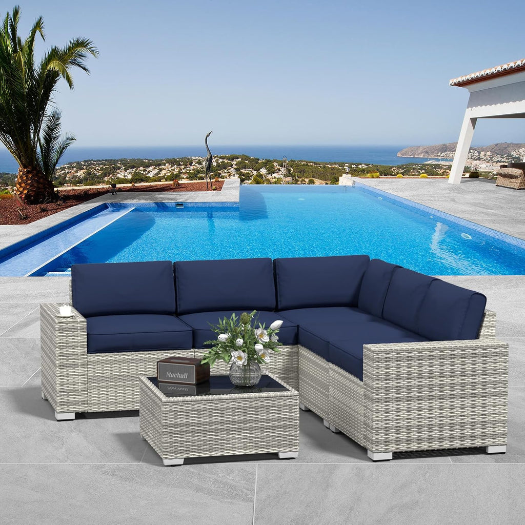 SHGJ&SOFT 6pcs Outdoor Patio Furniture Set, Waterproof Wicker Outdoor Sectional Couch with Thick Cushions, All-Weather Rattan Sectional Sofa